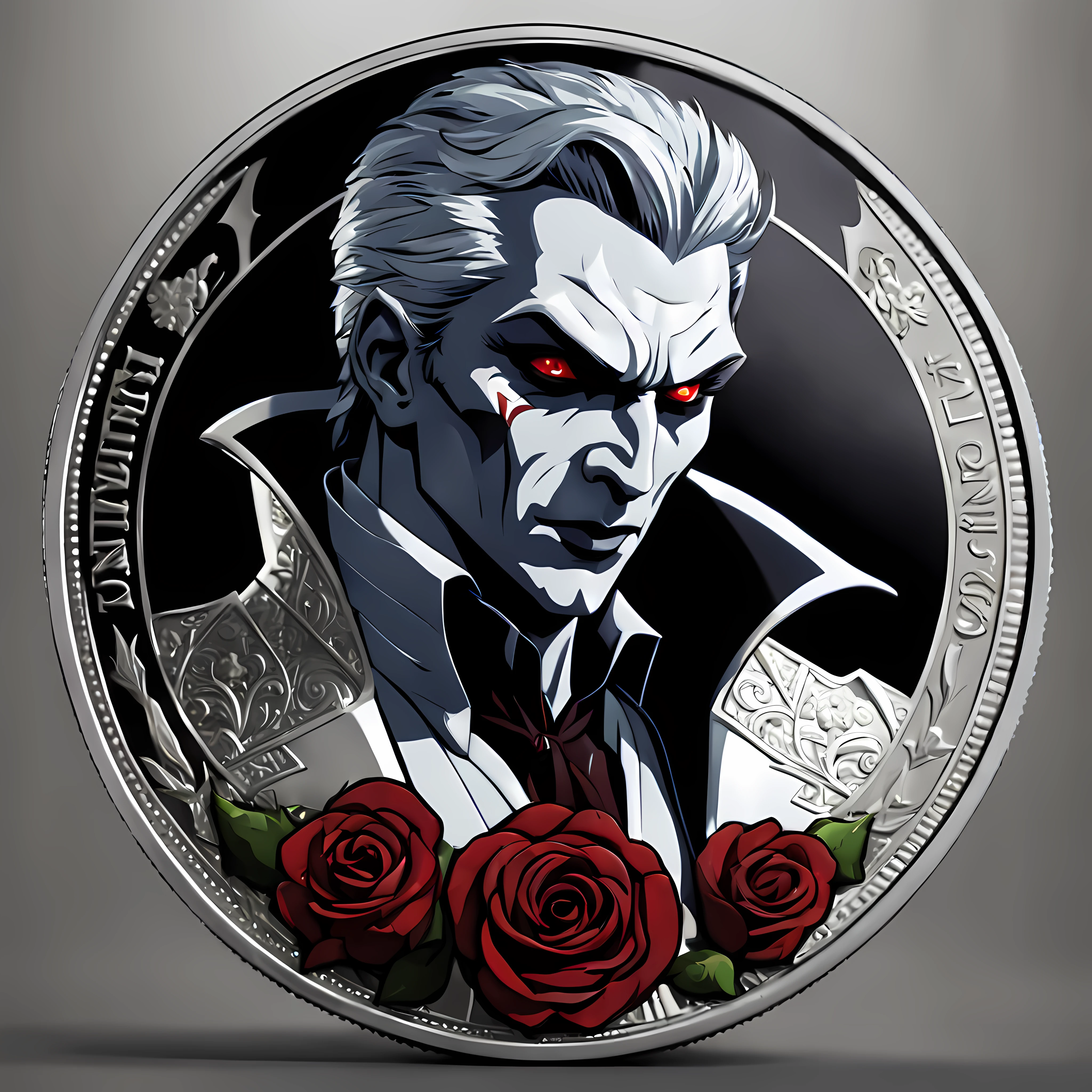 (2D colorful anime style of a silver coin), full shot from above, (evil vampire king's profile:1.2 ), on an elegant silver coin, gothic details, roses