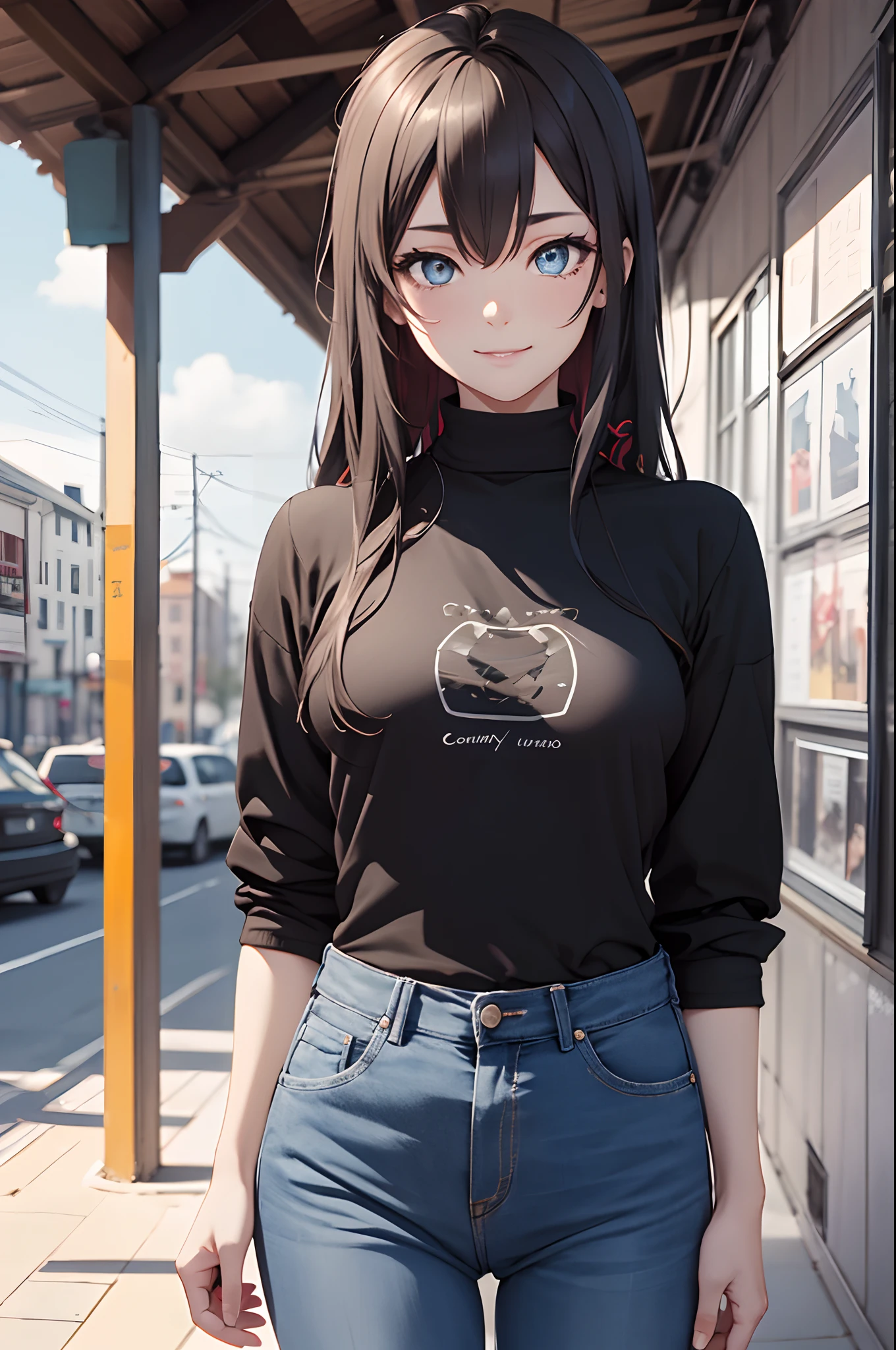 (masterpiece, best quality:1.2), solo, 1girl, yukinoshita yukino, slight smile, looking at viewer, ((turtle neck T-shirt, black colored, black tutrle neck T-shirt, full sleeves, long sleeves)), ((blue denim jeans, full length)), afternoon, outdoors, city, BREAK looking at viewer, (smile), (medium boobs), BREAK (masterpiece:1.2), ((cowboy shot)) best quality, high resolution, unity 8k wallpaper, (illustration:0.8), (beautiful detailed eyes:1.6), extremely detailed face, perfect lighting, extremely detailed CG, (perfect hands, perfect anatomy),