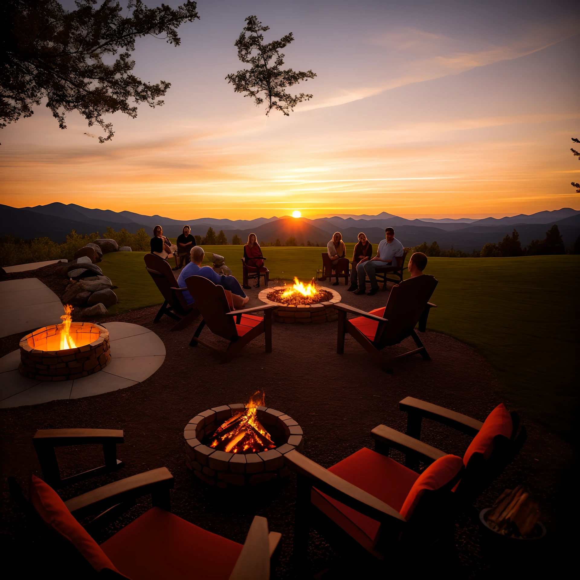 People sit by the fire pit at sunset，Enjoy mountain views, summer setting, fire lit, Fire, Outdoor bonfire pit, summer sunset, Masterpiece works of art, warm beautiful scene, watching the sunset, People who face the Circle of Fire, all in the amazing outdoors view, late summer evening, Sunset view, Talk around the fire, bottom angles, Winter solstice fire
