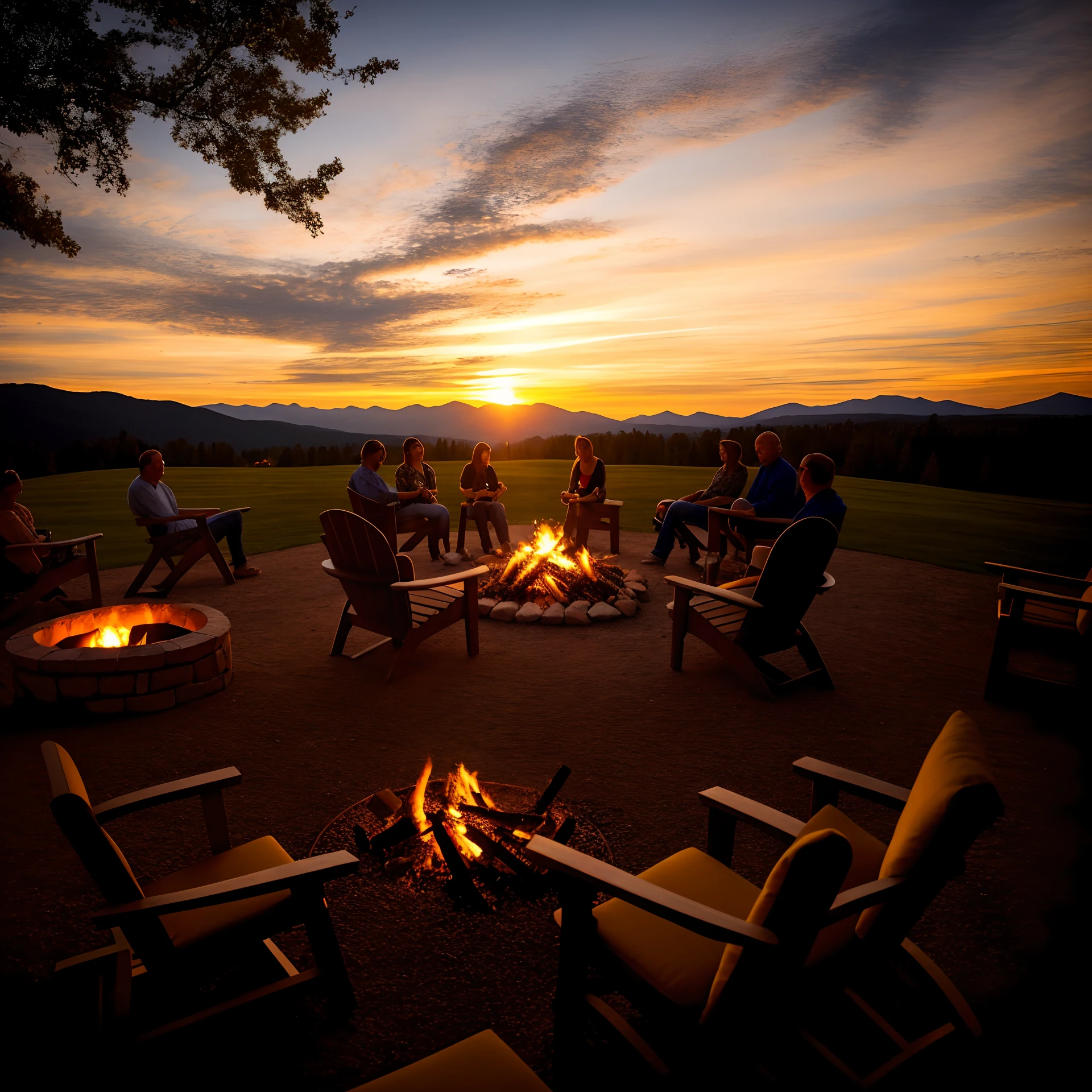 People sit by the fire pit at sunset,Enjoy mountain views, summer setting, fire lit, Fire, Outdoor bonfire pit, summer sunset, Masterpiece works of art, warm beautiful scene, watching the sunset, People who face the Circle of Fire, all in the amazing outdoors view, late summer evening, Sunset view, Talk around the fire, bottom angles, Winter solstice fire