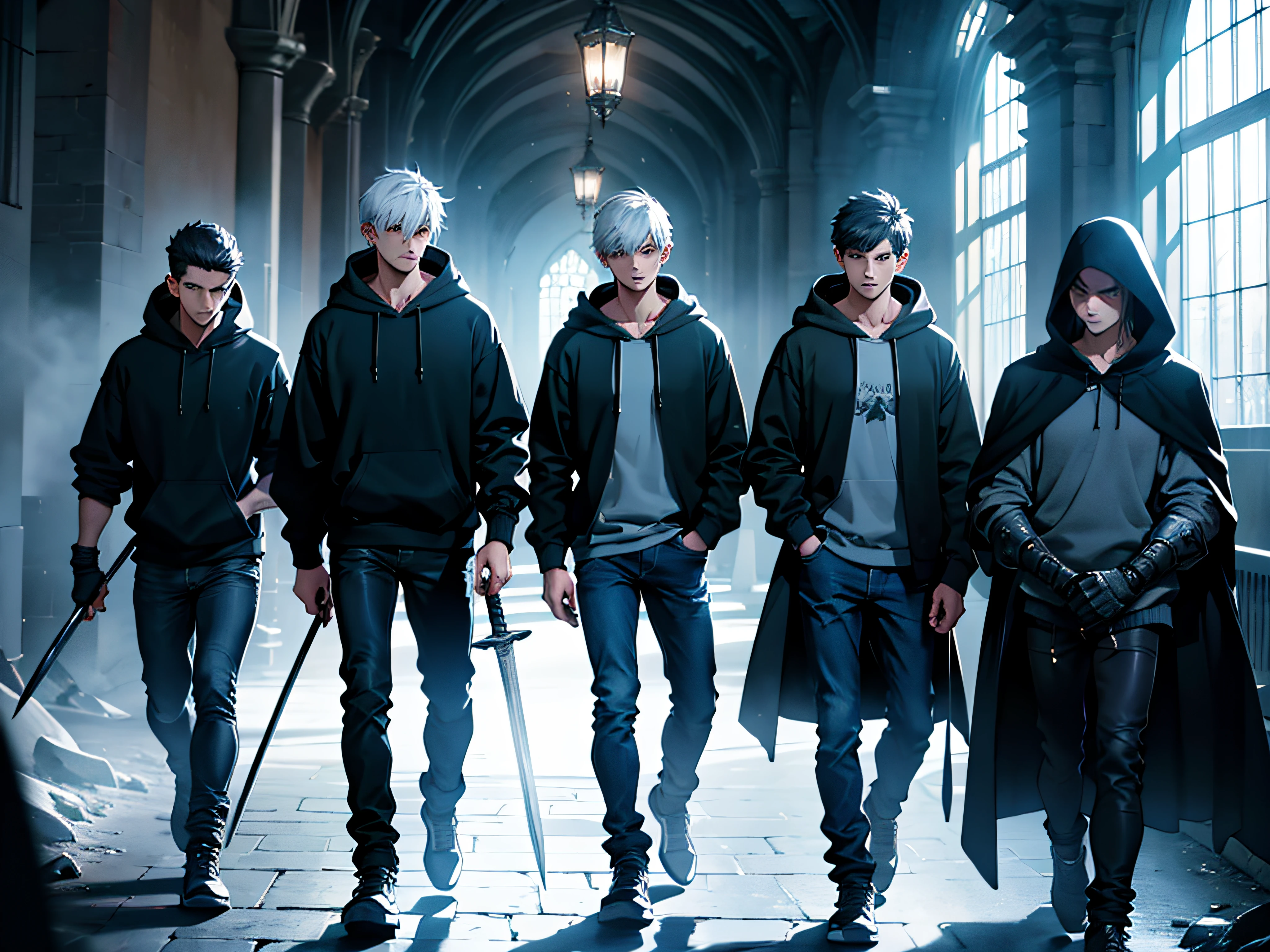 5 boys, skinny posture, all wearing hoodie, wearing black jeans, holding sword, holding bow, holding polesword, holding greatsword, holding magic book, dark vibe, walking straight, high res, ultra sharp, 8K, masterpiece
