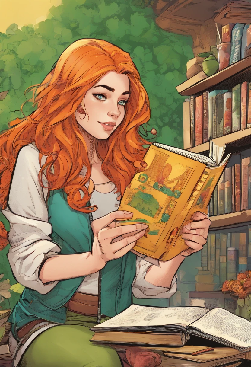 Marvel panel comic, european girl with orange long hair and tails reading a book. Girl has green eyes and hearts on her cheeks.