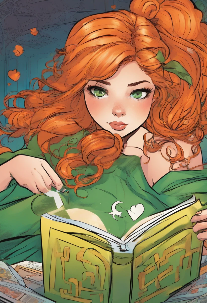 Marvel panel comic, european girl with orange long hair and tails reading a book. Girl has green eyes and hearts on her cheeks.