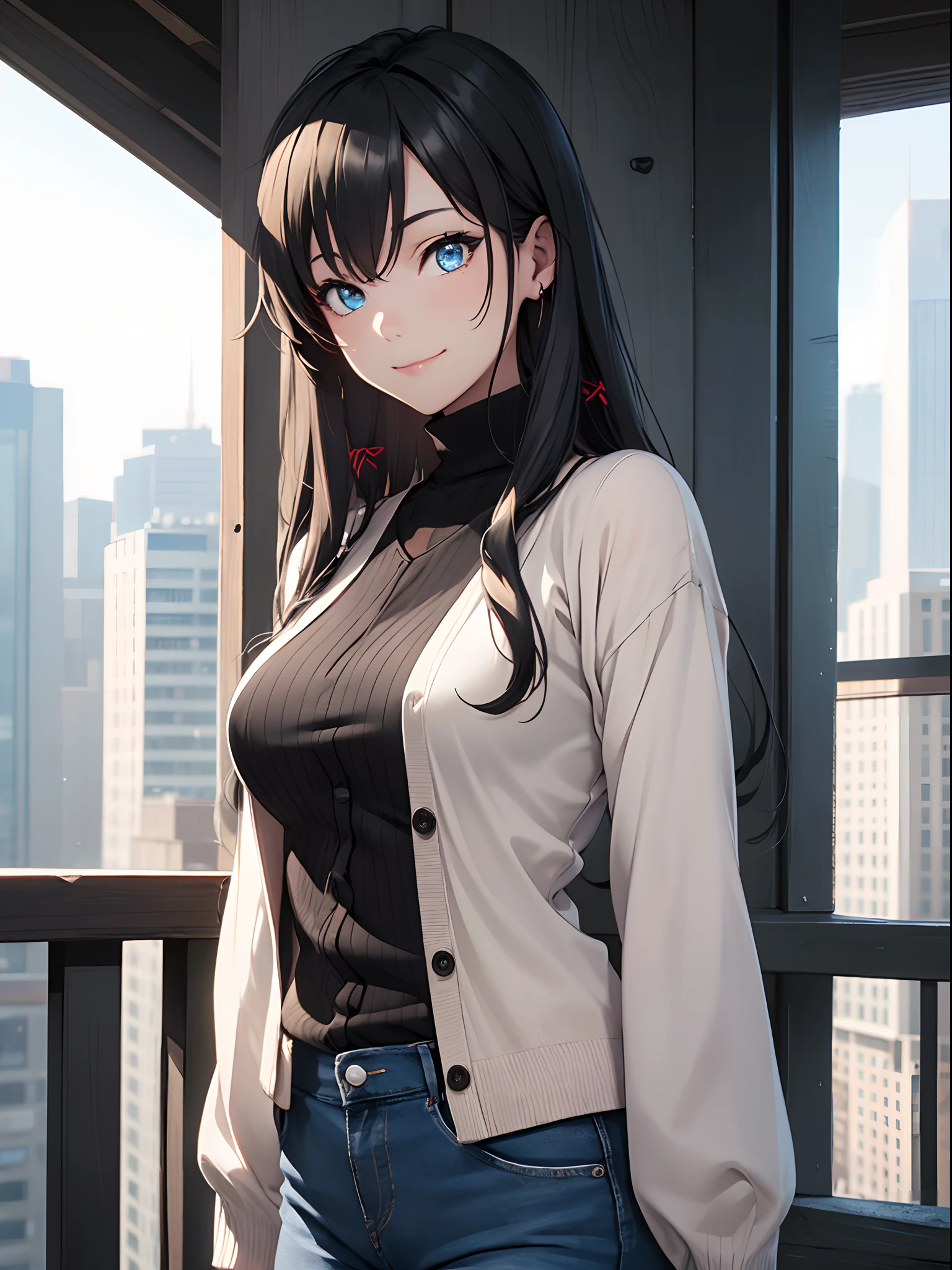 (masterpiece, best quality:1.2), solo, 1girl, yukinoshita yukino, slight smile, looking at viewer, ((turtle neck cardigan, black colored, black tutrle neck cardigan, full sleeves, long sleeves)), ((blue denim jeans, full length)), afternoon, outdoors, city, BREAK looking at viewer, (smile), (medium boobs), BREAK (masterpiece:1.2), ((cowboy shot)) best quality, high resolution, unity 8k wallpaper, (illustration:0.8), (beautiful detailed eyes:1.6), extremely detailed face, perfect lighting, extremely detailed CG, (perfect hands, perfect anatomy),