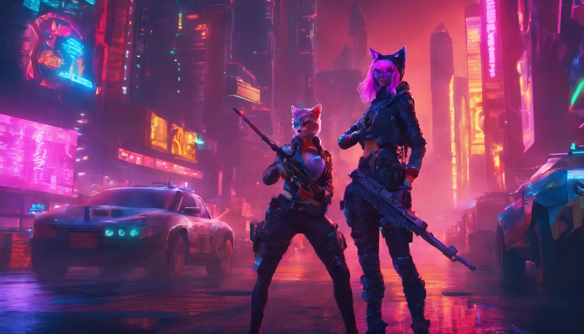 Two female humanoid cats holding big weapons in the middle of a warzone