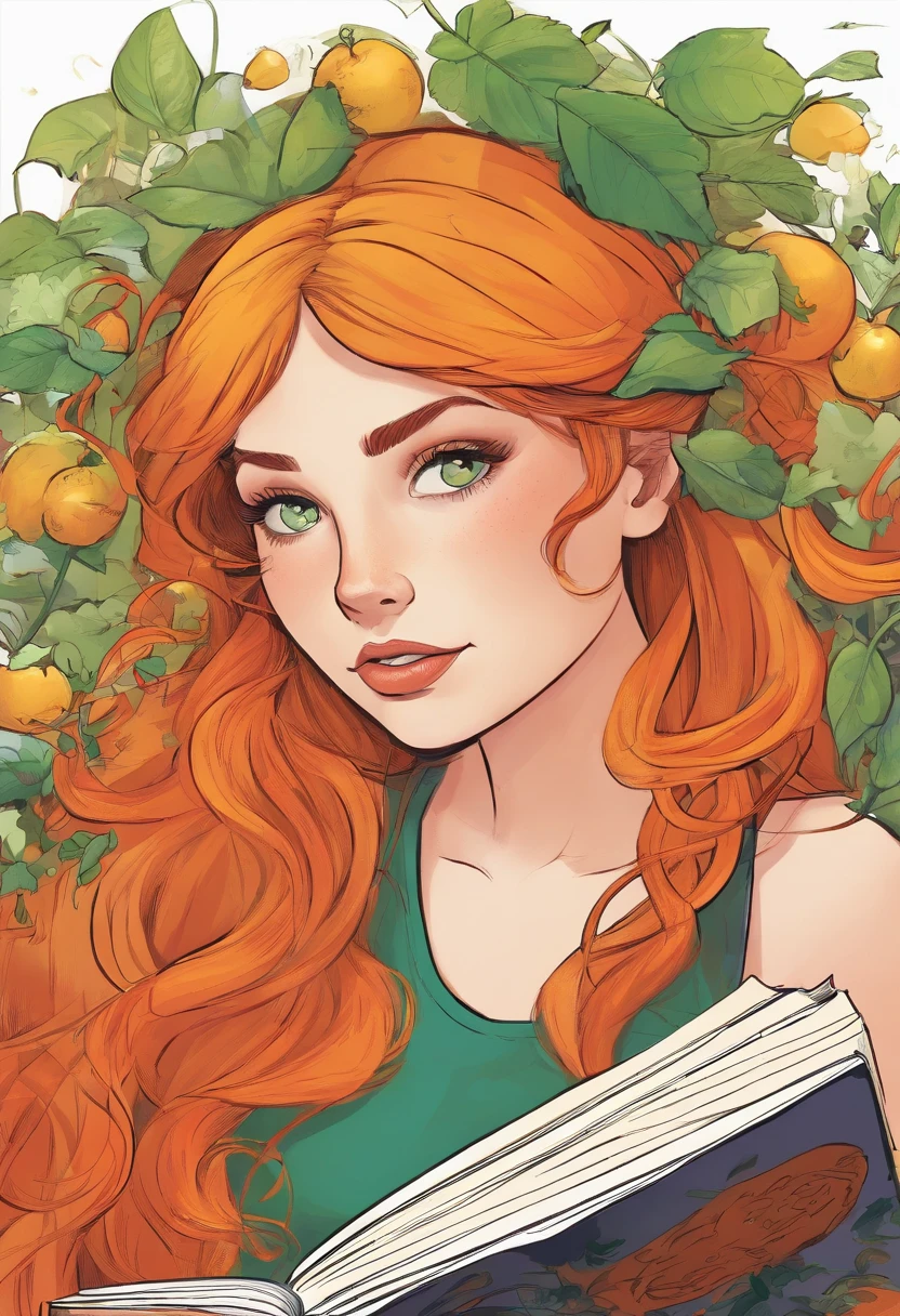 Marvel panel comic, european girl with orange long hair and tails reading a book. Girl has green eyes and hearts on her cheeks.