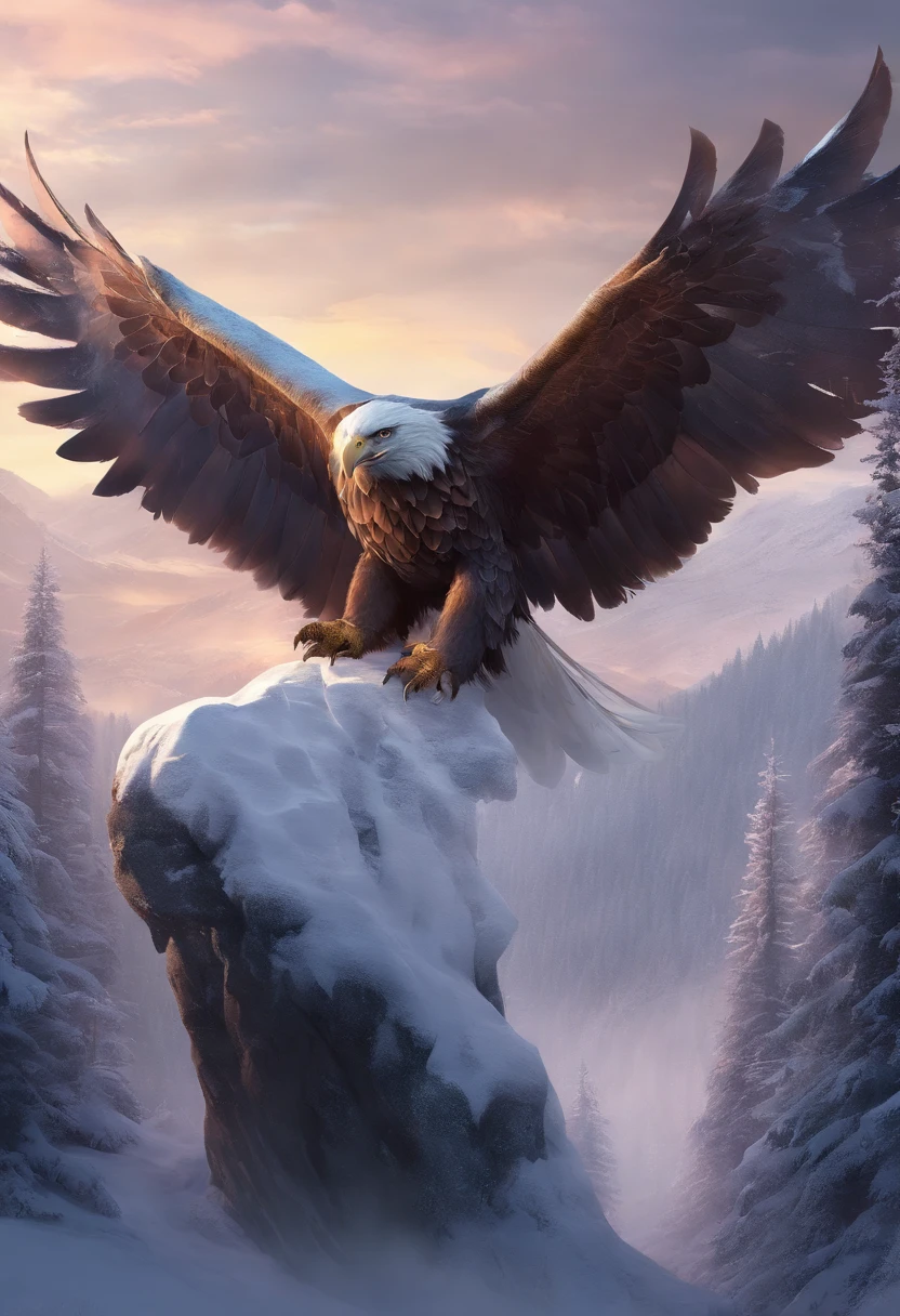 In the middle of the snowy forest, Surrounded by snow-capped mountains, A giant eagle carrying a man on its paws, шедевр, Dinamic Poses, ultra realist, Rencontrer de la magie,CGI incroyable,cg art
