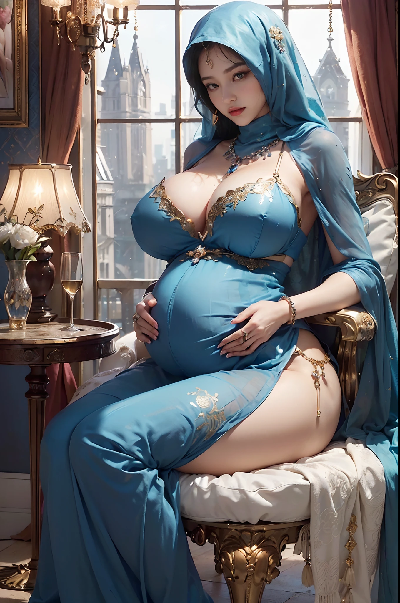 (beautifull lady with gigantic breast, wear detail luxury blue hijab, pregnant, lying on luxury chair, (hand under luxury pillow), (luxury blanket), (window with luxury frame), (luxury flower vase), (luxury small table and glass of wine), (luxury lamp), (luxury parfume bottle), (luxury ornament on the wall), (blue strapless bra), (luxury kimono), (detail luxury garter belt), (luxury stocking), (luxury high heels), (luxury crown), (show cleaveage), (show underboobs) , (show sideboobs), (show thigh), (underboobs ornament), (luxury chest ornament), (luxury arm ornament), (luxury hips ornament), (gigantic breast:1,9), beautifull face, beautifull eyes, beautifull nose, sexy lips, raytracing, nsfw, beautifull fingers, beautifull hands, sexy belly, sexy body, sexy shoulders, sexy legs, sexy hips, (luxury bracelet), (luxury ring), (luxury necklace), white skin, (4 fingers in 1 hand), full body picture, pretty makeup, good lighting, realistic shadow, professional photography, blue and gold color scheme, 4k resolution, perfect anatomy, nsfw