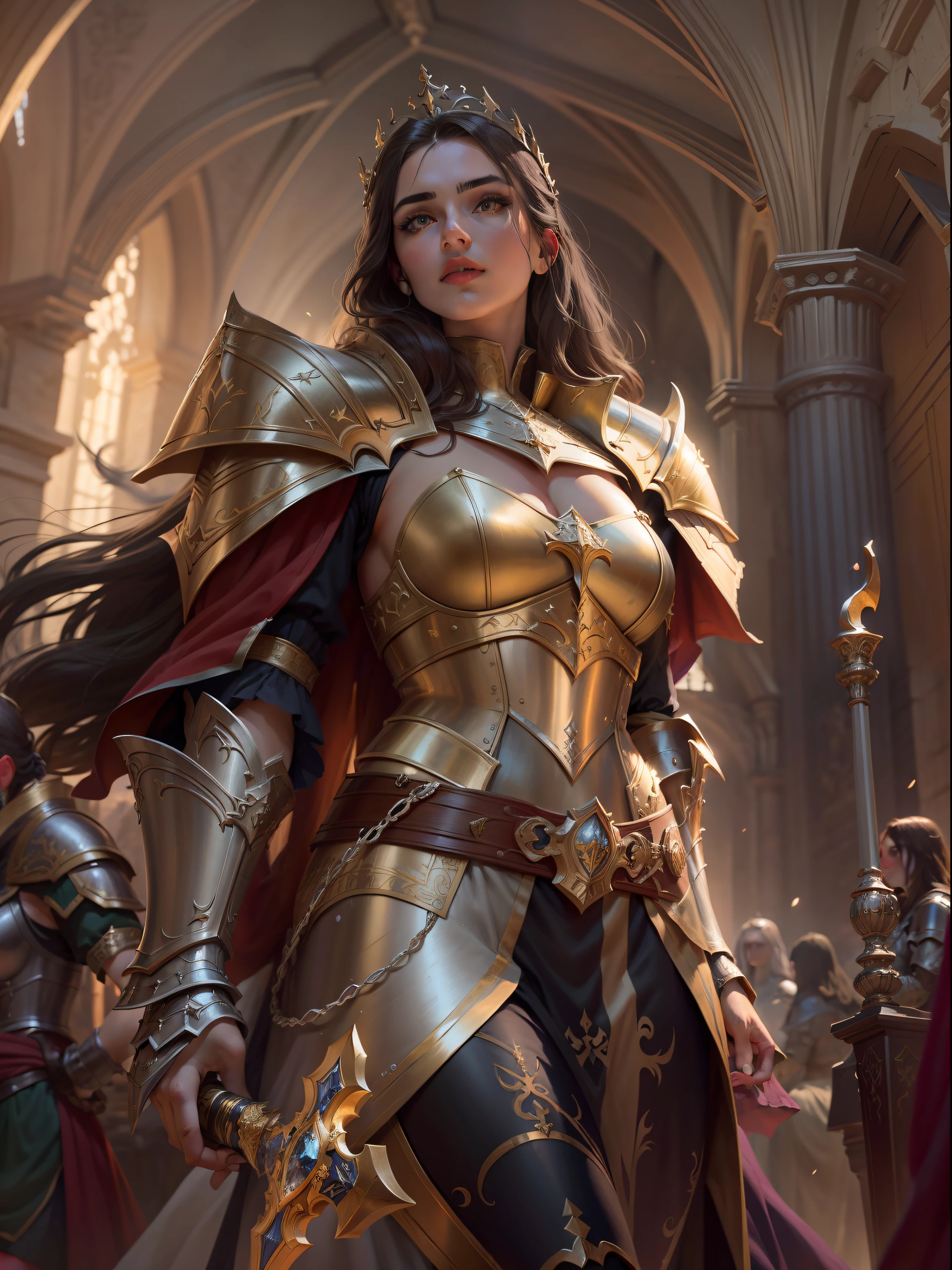 Look from the bottom up，low  angle shot，Highly detailed portrait of Paladin Guinevere，Wear armor，shelmet，epee，big sword，Cross sword，sword，Silvertone，holy rays，god light，medieval times，Noble，setia，Servant of Jesus，Solemn，Gold accents，epic fantasy digital art，devout，Victorian style，tmasterpiece，8K，high definition resolution，Detailed detail drawing，high qulity，Inspiration came from Guinevere，author:John Collier，detailed fantasy art, Fantasy cosplay portrait, Fantasy art Behance