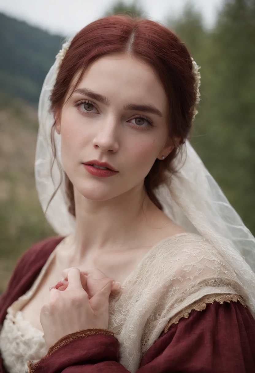 (((A deep reddish wound runs through his left cheek))) teint clair, woman about 19 years old, cheveux blancs naturels, Yeux verts distinctifs, Wearing kohl, mince et gracieux, beau, Candlelight in a medieval setting, Mise au point ultra nette, Realistic shooting, Medieval women's clothing, Tetradic colors (cicatrice:1.4)