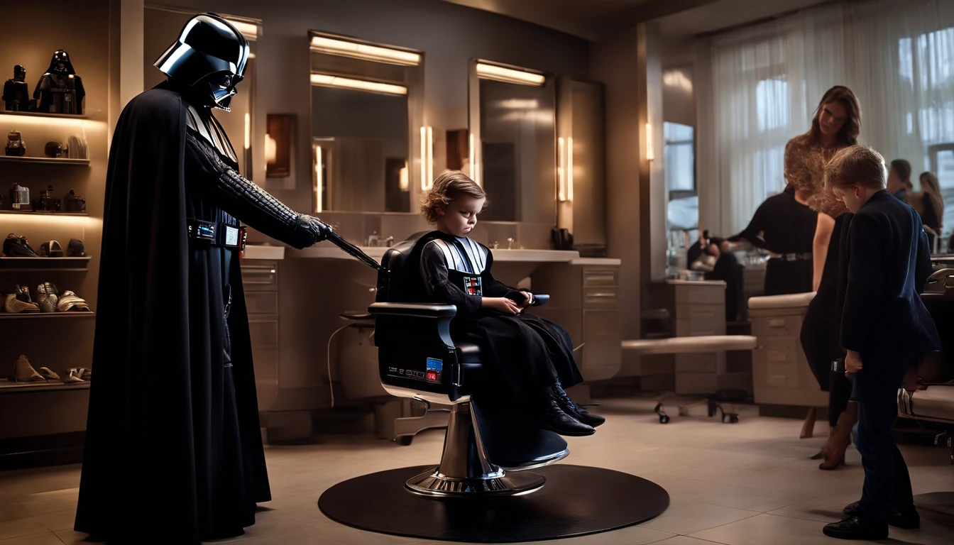 "(Darth Vader cutting a child's hair in a hair salon) With incredible detail, qualidade excepcional, unique atmosphere, lighting dramatic, Sombras realistas, striking expressions, Atmosfera futurista, dramatic contrasts, Efeitos especiais impressionantes, atmosphere of mystery and immersive realism."
