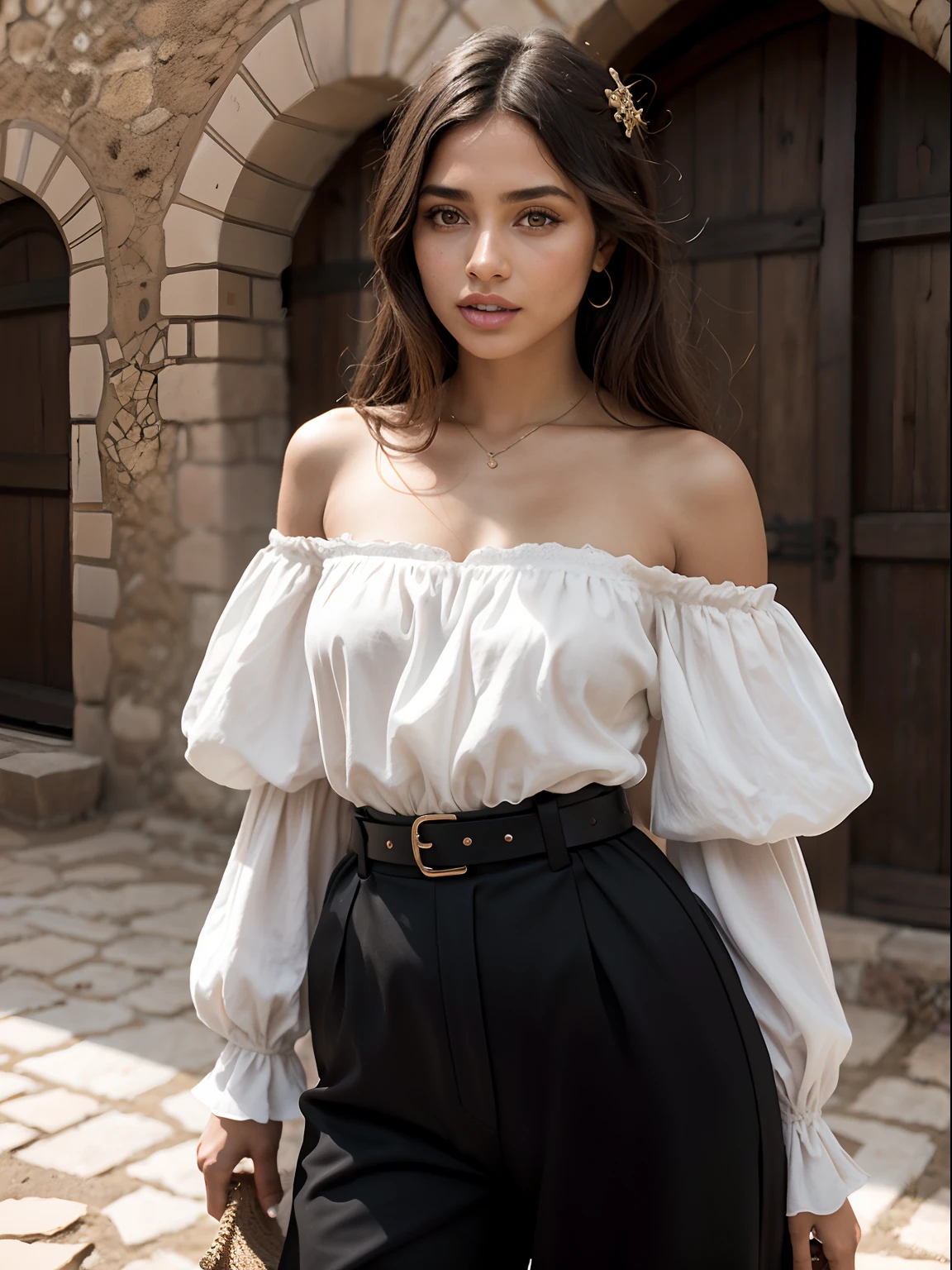 Uma morena magrinha em meio a uma neblina intensa, Sexy peasant style off-the-shoulder blouse, decote, saia com lascado na perna, longos cabelos loiros voando ao vento. rosto assustado. Aldeia medieval camponesa. Dia chuvoso. Estilo vikings, roupa antiga, Medieval period. Europa medieval, camponesa.