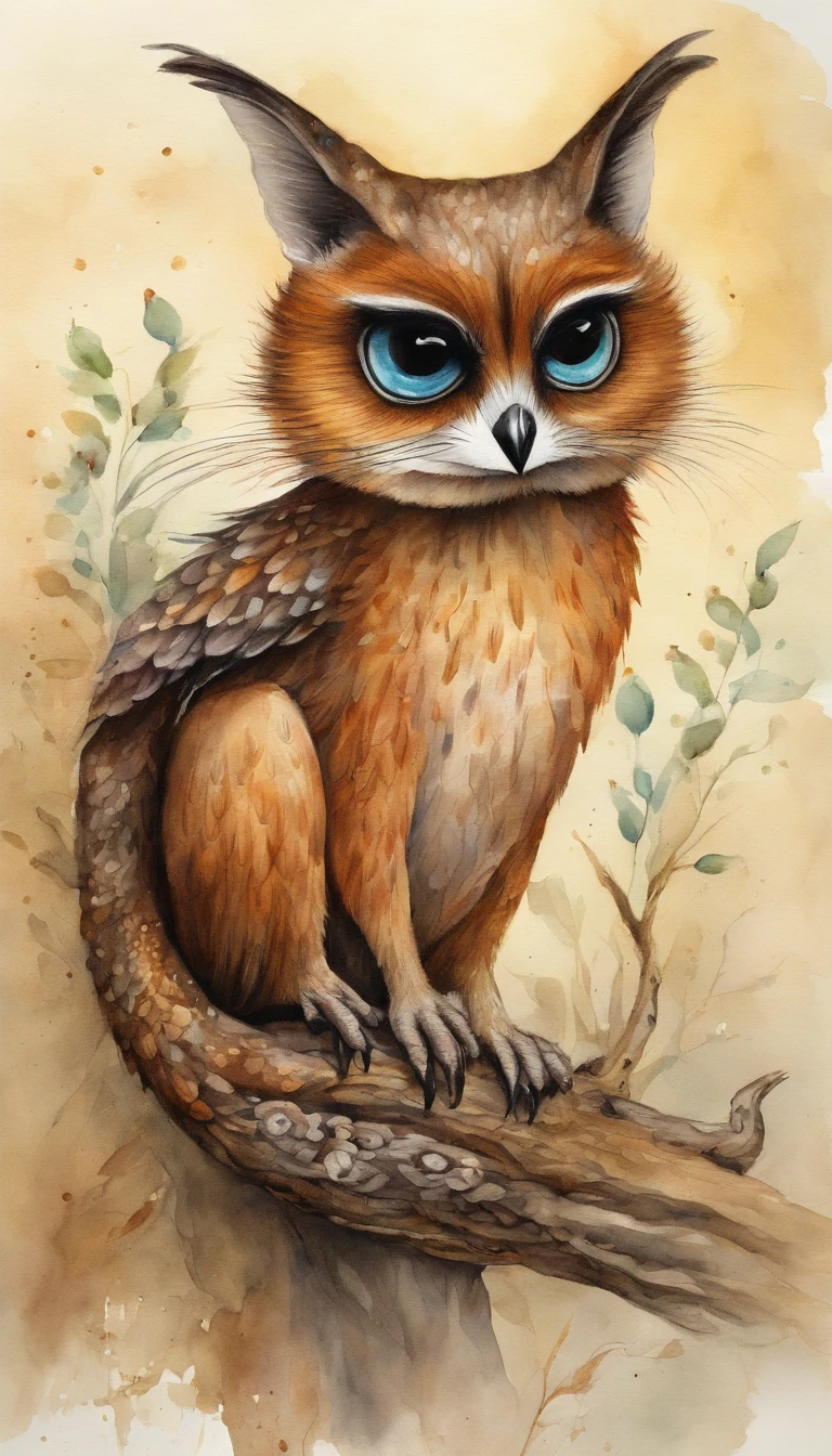 a brown tree-dwelling creature with extremely large eyes, small wings on its back, a long tail, and scales instead of fur. With a smart face. Its head is decorated with colorful feathers and it has thorns on its tail