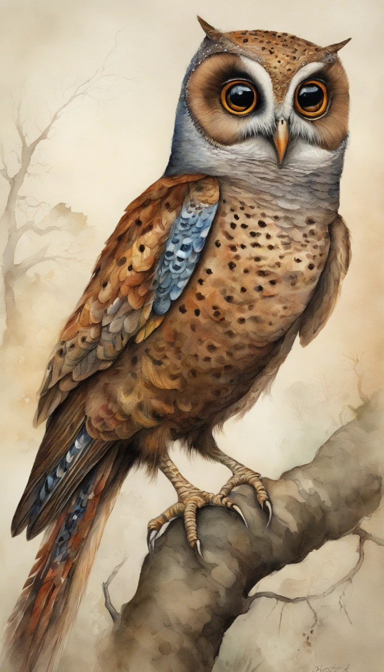a brown tree-dwelling creature with extremely large eyes, small wings on its back, a long tail, and scales instead of fur. With a smart face. Its head is decorated with colorful feathers and it has thorns on its tail