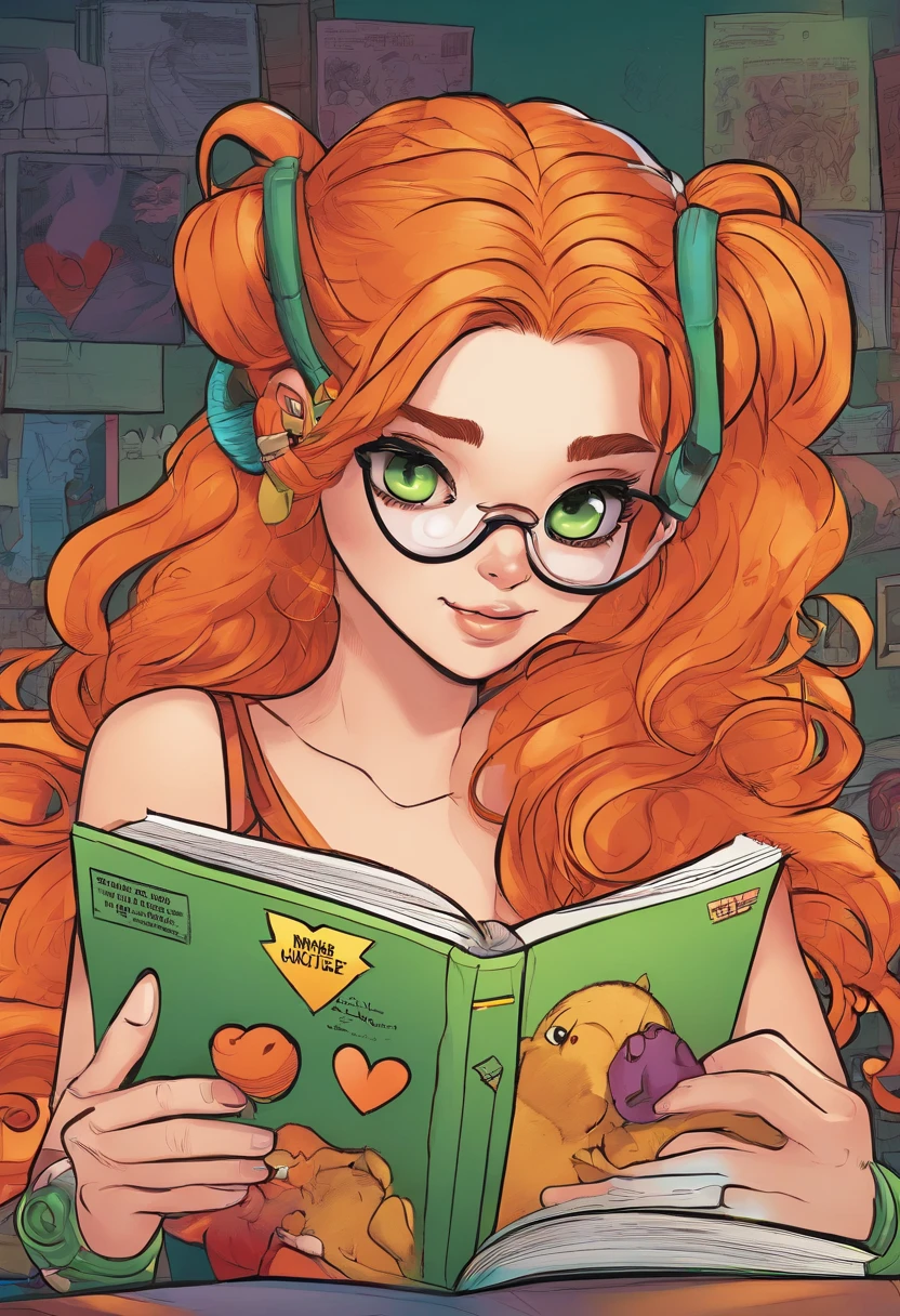 Marvel panel comic, european girl with orange long hair and ponytails reading a book. Girl has green eyes and stickers-hearts on her cheeks.