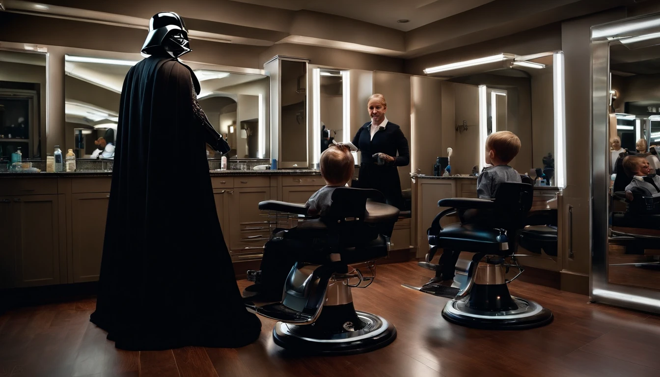 "(Darth Vader cutting a child's hair in a hair salon) With incredible detail, qualidade excepcional, unique atmosphere, lighting dramatic, Sombras realistas, striking expressions, Atmosfera futurista, dramatic contrasts, Efeitos especiais impressionantes, atmosphere of mystery and immersive realism."