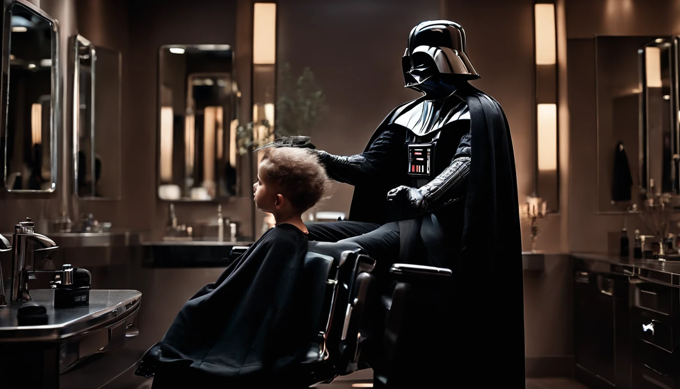 "(Darth Vader cutting a child's hair in a hair salon) With incredible detail, qualidade excepcional, unique atmosphere, lighting dramatic, Sombras realistas, striking expressions, Atmosfera futurista, dramatic contrasts, Efeitos especiais impressionantes, atmosphere of mystery and immersive realism."