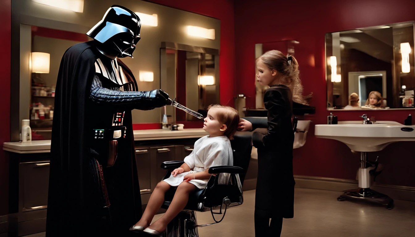 "(Darth Vader cutting a 's hair in a hair salon) With incredible detail, qualidade excepcional, unique atmosphere, lighting dramatic, Sombras realistas, striking expressions, Atmosfera futurista, dramatic contrasts, Efeitos especiais impressionantes, atmosphere of mystery and immersive realism."