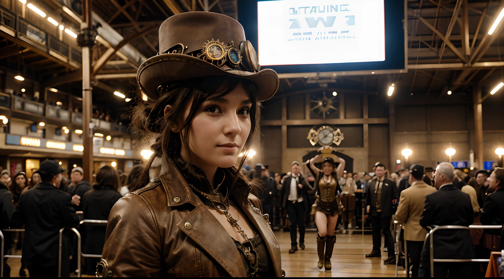 Steampunk girl wins steampunk air race by a small margin, The crowd is chanting her name in celebration.