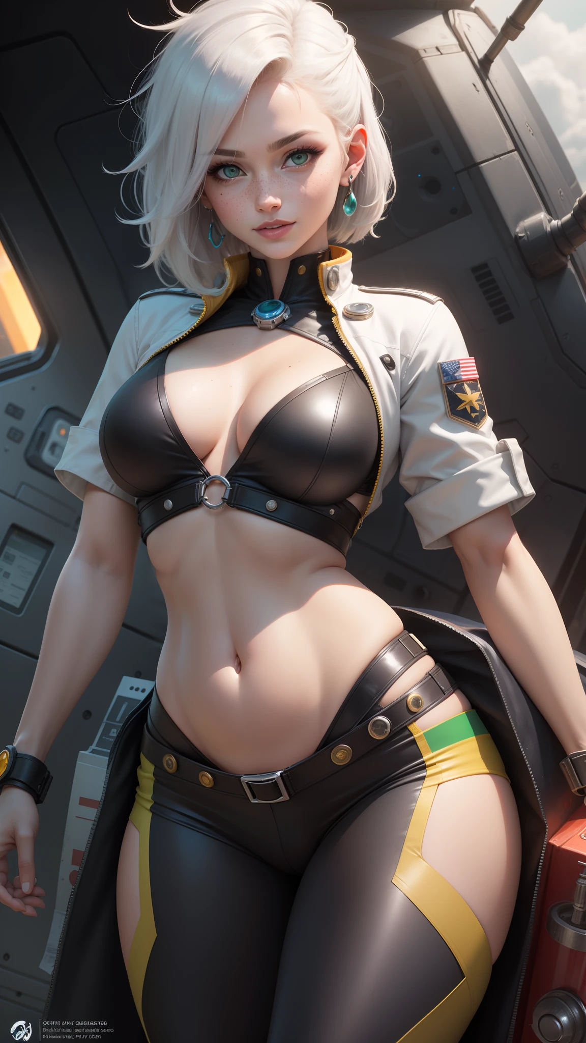 gwen tennyson,jinx,yoko littner,y'shtola rhul,league of legends,overwatch,close up,mecha pilot,space port,tattoos,orange and silver plugsuit,white short sleeve lycra top,steel cargo pants,uncovered belly,short hair,cute makeup,green eyes,dimensional golden hair,shy smile,freckles,beautiful girl,large ,8k,ultra detailed,realistic,fantasy art,saiyan armor,cyborg armor,steel armor,space ship,pilot uniform,ear piercings,hair pin,super saiyan girl,saiyan female,short sleeve pilot jacket,