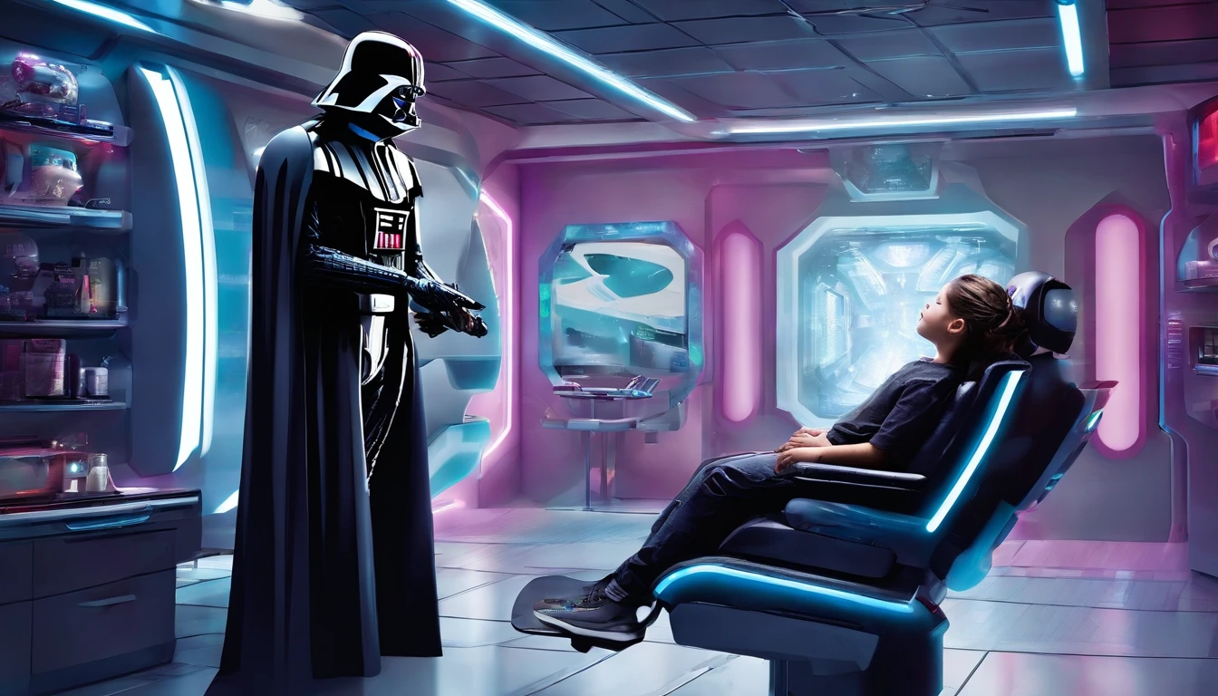"(Darth Vader cutting a 's hair in a hair salon) With incredible detail, qualidade excepcional, unique atmosphere, lighting dramatic, Sombras realistas, striking expressions, Atmosfera futurista, dramatic contrasts, Efeitos especiais impressionantes, atmosphere of mystery and immersive realism."