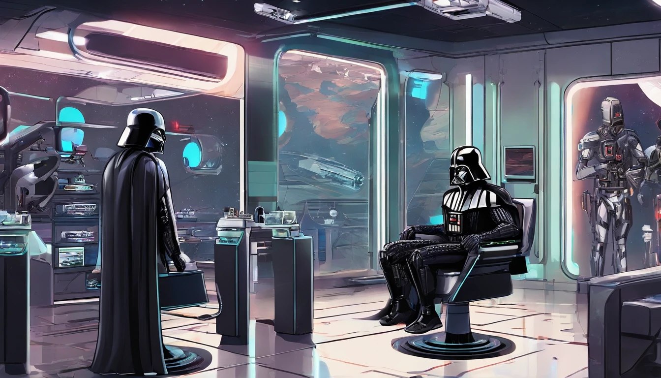 "(Darth Vader cutting a child's hair in a hair salon) With incredible detail, qualidade excepcional, unique atmosphere, lighting dramatic, Sombras realistas, striking expressions, Atmosfera futurista, dramatic contrasts, Efeitos especiais impressionantes, atmosphere of mystery and immersive realism."