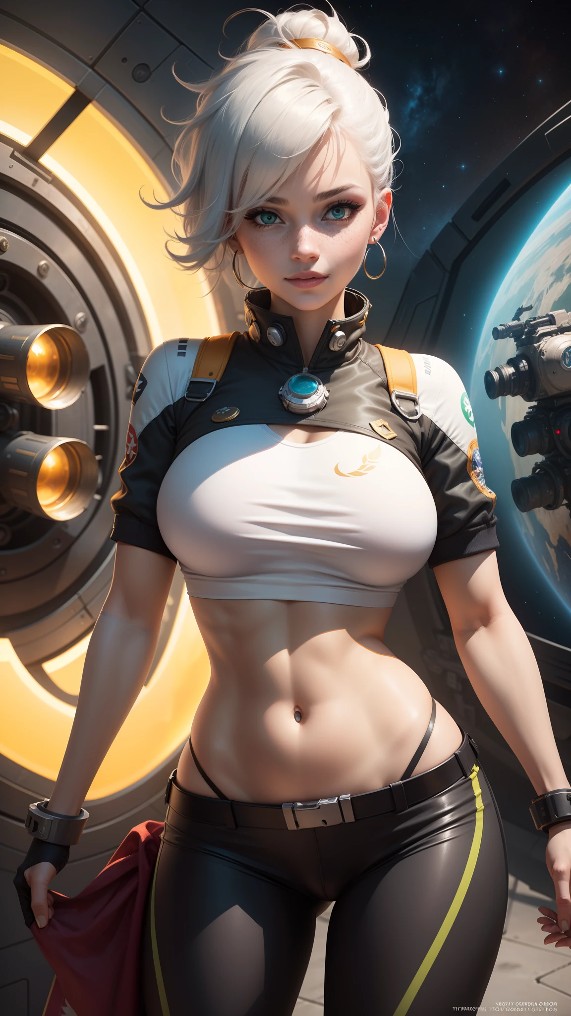gwen tennyson,jinx,yoko littner,y'shtola rhul,league of legends,overwatch,close up,mecha pilot,space port,tattoos,orange and silver plugsuit,white short sleeve lycra top,steel cargo pants,uncovered belly,short hair,cute makeup,green eyes,dimensional golden hair,shy smile,freckles,beautiful girl,large breasts,8k,ultra detailed,realistic,fantasy art,saiyan armor,cyborg armor,steel armor,space ship,pilot uniform,ear piercings,hair pin,super saiyan girl,saiyan female,short sleeve pilot jacket,