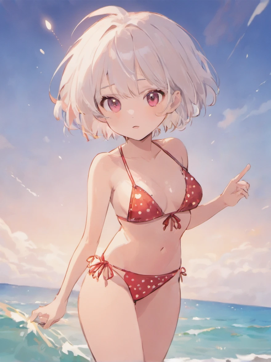 1girl, white short hair, wearing red bikini with white dots, beach, high res, 8k, masterpiece, looking right way