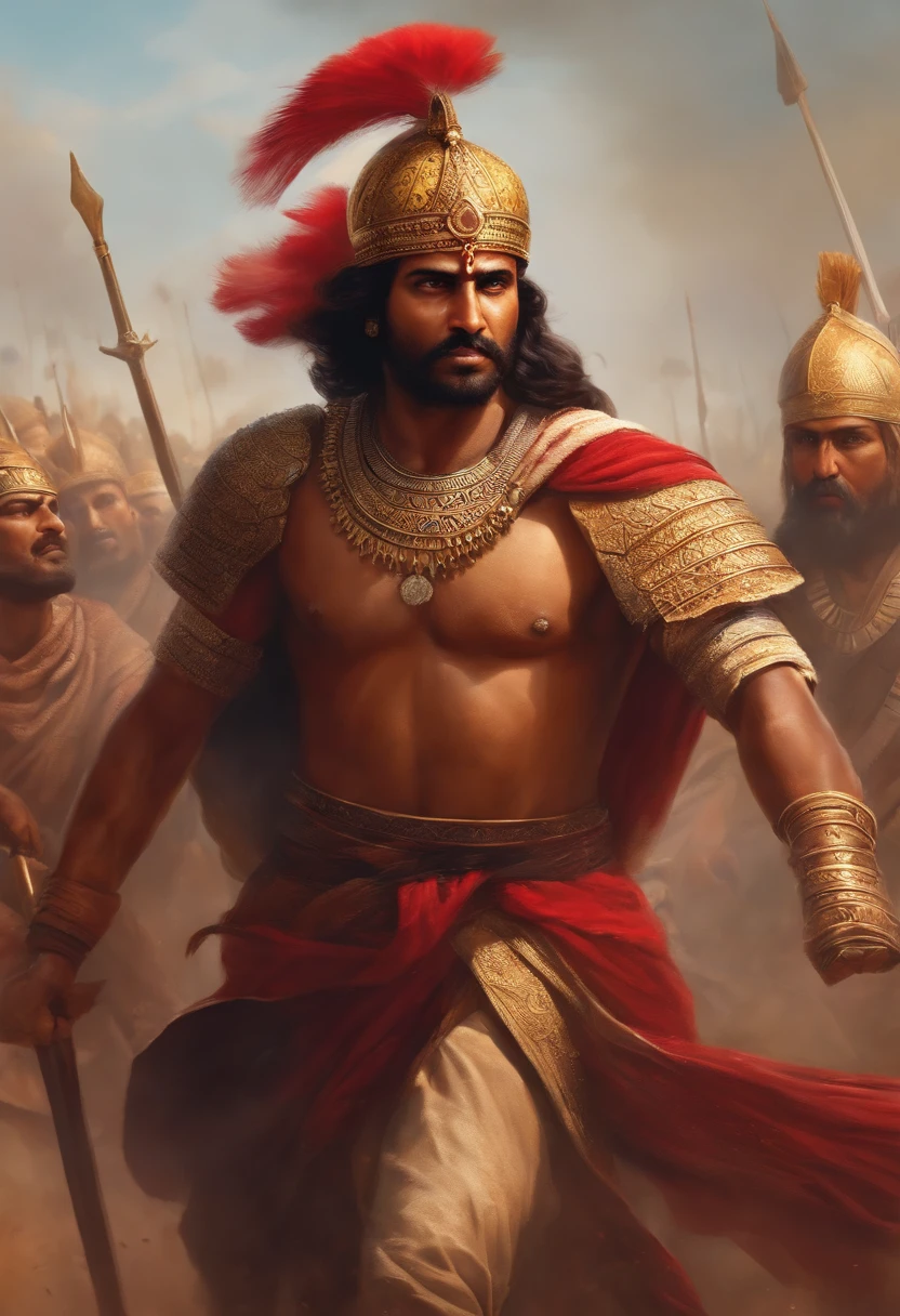 Show an ancient battlefield with Kodvas, an indian warrior, and a muslim warlord Tepu Sultan's armies facing each other