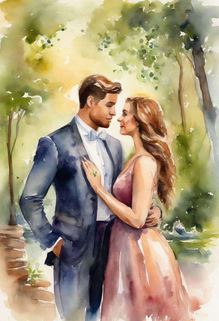 a romantic scene, a young handsome man meets a elegant lady in a park ,