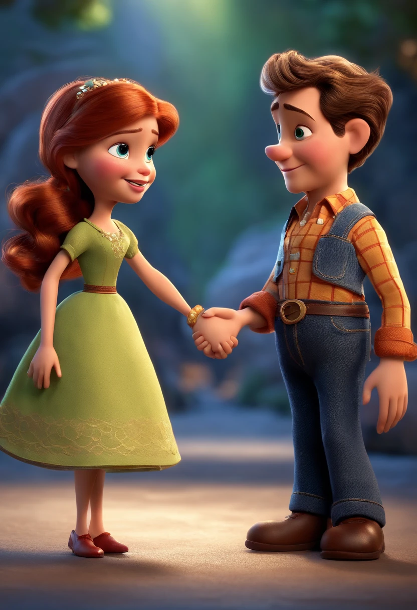 A closeup of a pair of dolls holding hands, estilo de personagem disney, disney render, imagem promocional do filme, medium shot of two characters, official illustration, animation character, animation film, design de personagens pixar, in style of disney animation, design de personagem bonito pixar, Disney Pixar filme ainda, Personagens 3D, promotional render, animated film, official rendering, personagem disney