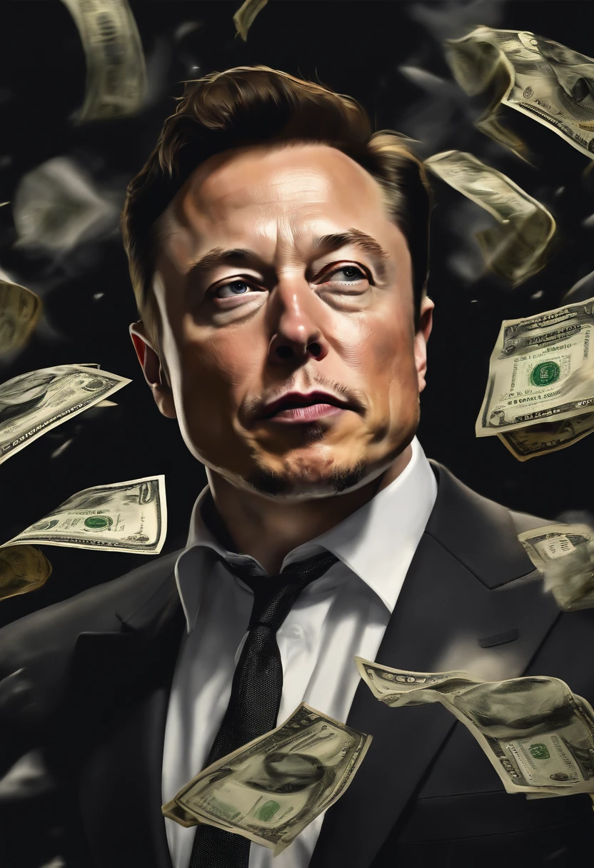 Elon Musk fighting money, Oil Painting, Harsh brush strokes, Dramatic Lighting, intense expression, Determined eyes, hold fists, sweat dripping down his face, Wrinkled suit, broken chains, Crumbling dollar bills, Crumbling Stock Market Graph, Smoke rises in the background, Black and white with a touch of gold, Realism. (Best Quality, hight resolution, Ultra-detailed), (Realistic:1.37), Professional, Vivid colors.