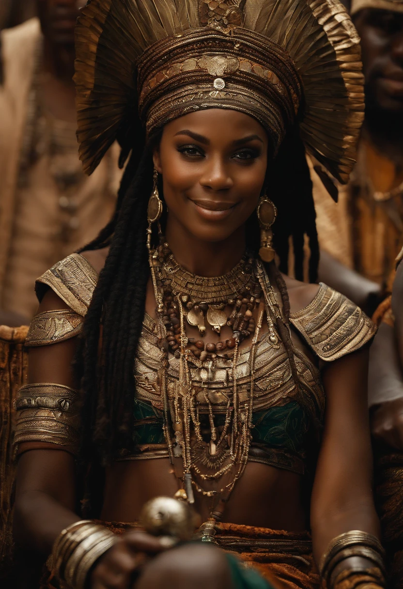 arte digital, (garota negra , Harem with African warriors, sorriso discreto, olhar bonito), (sentado em um banco, rodiada por homens , Directed by: Daniil Suponitskiy jpegman