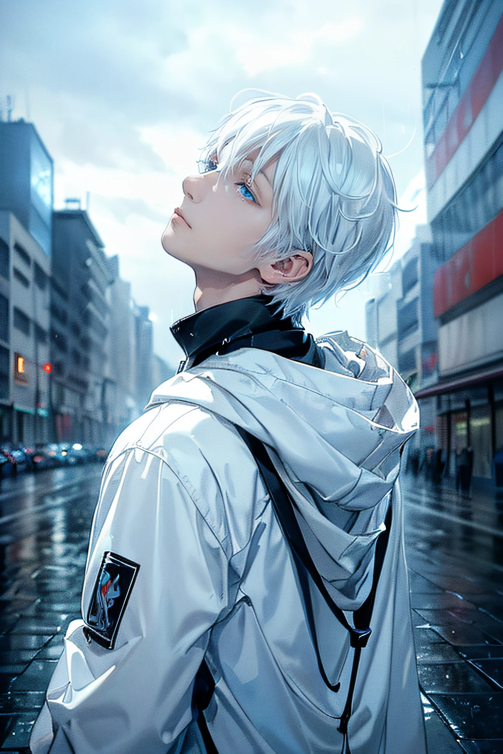 ((4K works))、​masterpiece、(top-quality)、One beautiful boy、Slim body、tall、((Black Y-shirt and white pants、Charming street style))、Please wear one jacket、Wearing a hood to hide his face、(Detailed beautiful eyes)、Morning City、((Rainy city))、Fashionable city with morning rain、During the walk、((Bright, Cloudy sky))、((Face similar to Carly Rae Jepsen))、((Short-haired white hair))、((Smaller face))、((Neutral face))、((Bright blue eyes))、((American adult male))、((Adult male 26 years old))、((Cool Men))、((Like a celebrity))、((Lonely look))、((Korean Makeup))、((elongated and sharp eyes))、((Happy dating))、((boyish))、((Upper body photography))、Professional Photos、((Model photo))、((Shot alone))、((He's under the roof))、((Looking up at the sky))、((photographed from the back))、((He is looking upwards))、((His eyes are looking upwards))、((Increase the angle of the face))、((He is walking in front of the viewer))