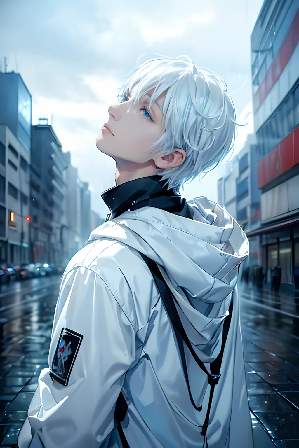 ((4K works))、masterpiece、(top-quality)、One beautiful boy、Slim body、tall、((Black Y-shirt and white pants、Charming street style))、Please wear one jacket、Wearing a hood to hide his face、(Detailed beautiful eyes)、Morning City、((Rainy city))、Fashionable city with morning rain、During the walk、((Bright, Cloudy sky))、((Face similar to Carly Rae Jepsen))、((Short-haired white hair))、((Smaller face))、((Neutral face))、((Bright blue eyes))、((American adult male))、((Adult male 26 years old))、((Cool Men))、((Like a celebrity))、((Lonely look))、((Korean Makeup))、((elongated and sharp eyes))、((Happy dating))、((boyish))、((Upper body photography))、Professional Photos、((Model photo))、((Shot alone))、((He's under the roof))、((Looking up at the sky))、((photographed from the back))、((He is looking upwards))、((His eyes are looking upwards))、((Increase the angle of the face))、((He is walking in front of the viewer))