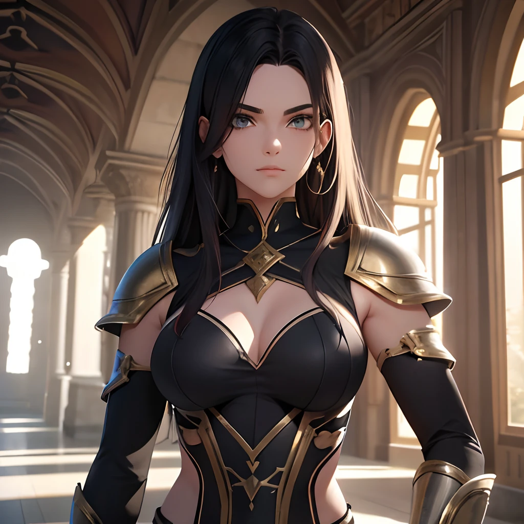Garota jovem 20 anos, cabelo preto (levemente chateado nas pontas), olhos pretos perfeitos, rosto perfeito, symmetric eyes, Serious and arrogant look, usando uma leve armadura preta com detalhes vermelhos ao redor de seu corpo, V-neckline in the breast area, seios grandes, Standing character, coxas grossas, corpo perfeito, Full character view, floresta ao entardecer ao redor da personagem, Maximum image quality, 8k definition, obra prima, riqueza de de detalhes, HDR, Raytracing