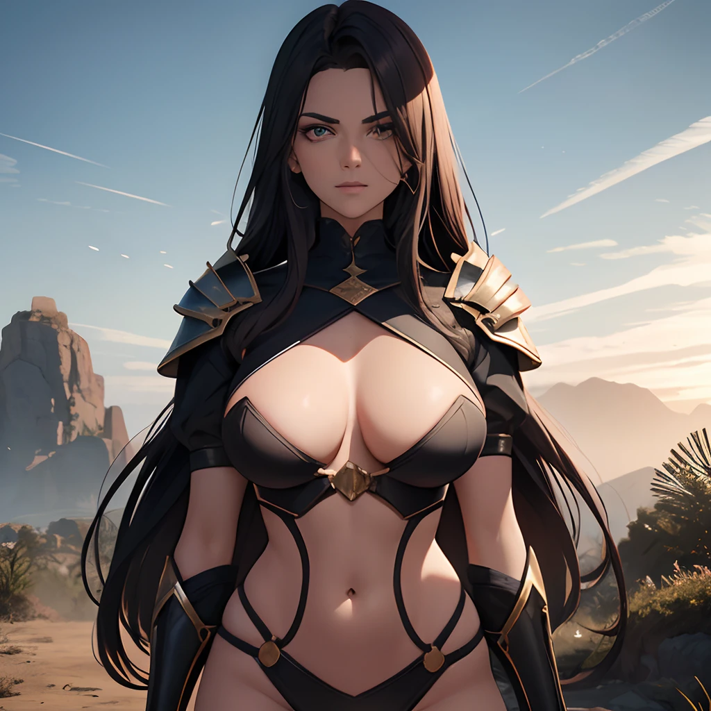 Garota jovem 20 anos, cabelo preto (levemente chateado nas pontas), olhos pretos perfeitos, rosto perfeito, symmetric eyes, Serious and arrogant look, usando uma leve armadura preta com detalhes vermelhos ao redor de seu corpo, V-neckline in the breast area, seios grandes, Standing character, coxas grossas, corpo perfeito, Full character view, floresta ao entardecer ao redor da personagem, Maximum image quality, 8k definition, obra prima, riqueza de de detalhes, HDR, Raytracing