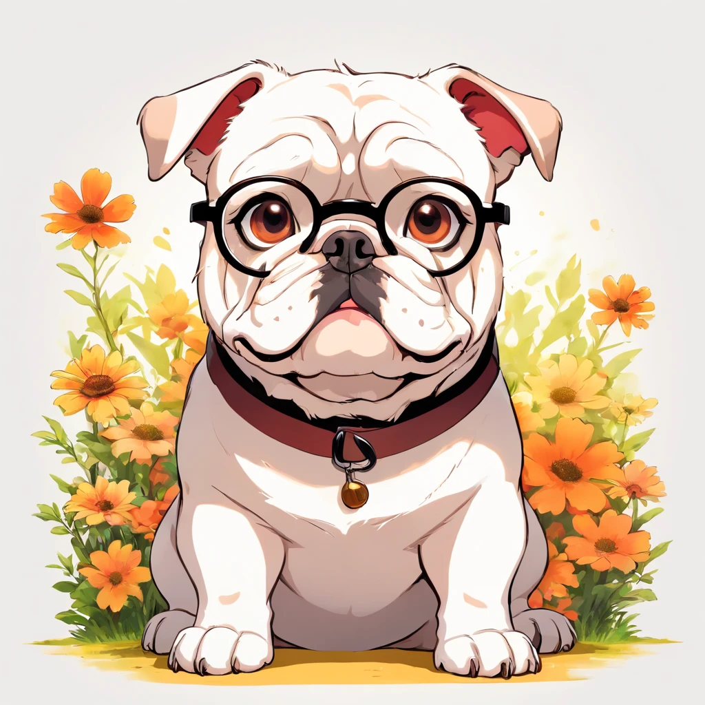 design para camiseta, Bulldog with glasses, cores vivas, imagem de alta qualidade