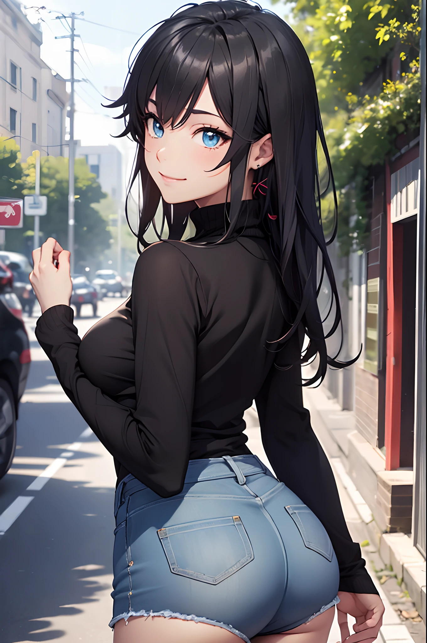 (masterpiece, best quality:1.2), solo, 1girl, yukinoshita yukino, slight smile, looking at viewer, ((turtle neck T-shirt, black colored, black tutrle neck T-shirt, full sleeves, long sleeves)), ((blue denim jeans, full length)), afternoon, outdoors, city, BREAK looking at viewer, (smile), (medium boobs), BREAK (masterpiece:1.2), ((cowboy shot)), (((posterior view, posterior shot, ass, lean))), best quality, high resolution, unity 8k wallpaper, (illustration:0.8), (beautiful detailed eyes:1.6), extremely detailed face, perfect lighting, extremely detailed CG, (perfect hands, perfect anatomy),