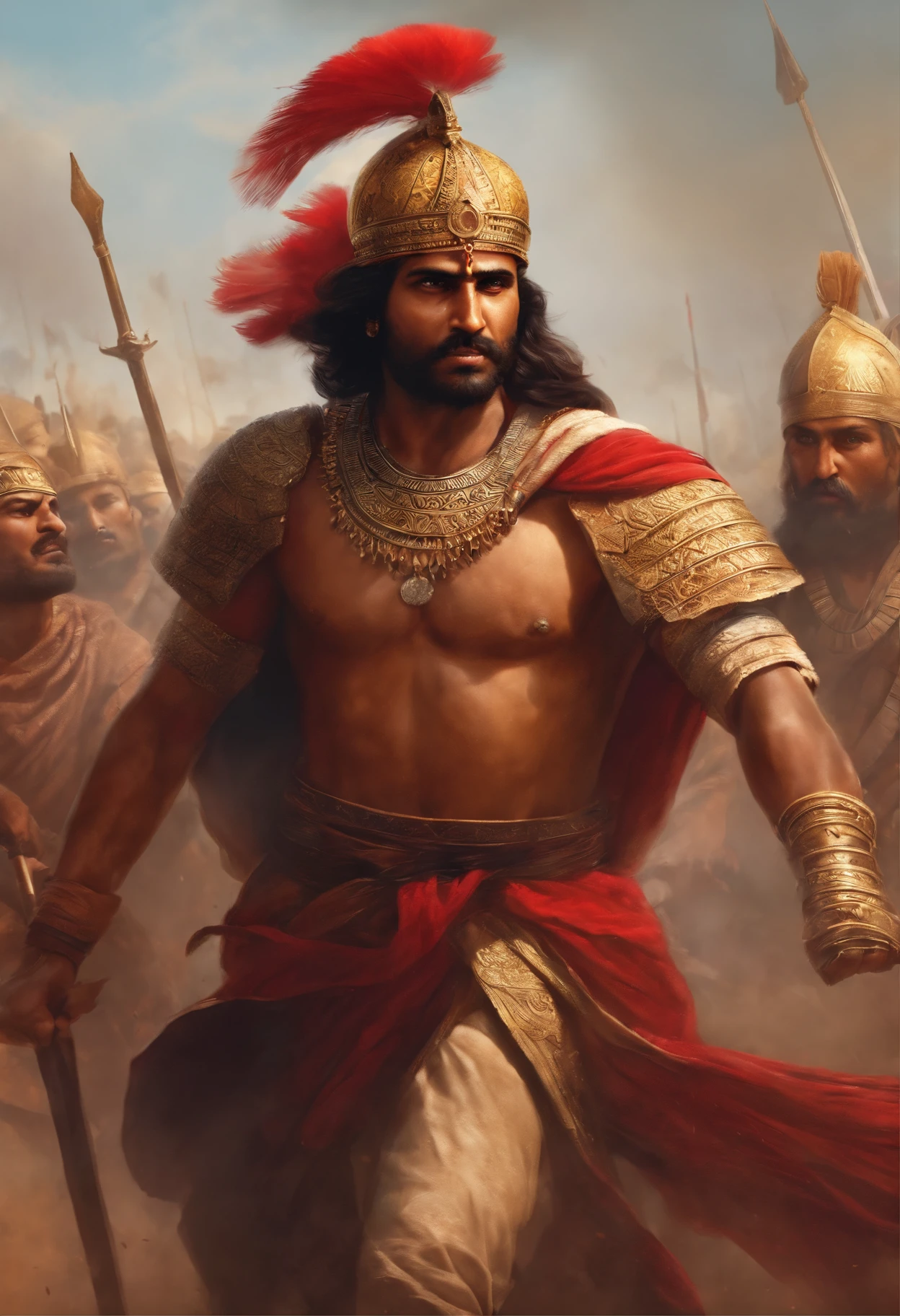 Show an ancient battlefield with Kodvas, an indian warrior, and a muslim warlord Tepu Sultan's armies facing each other