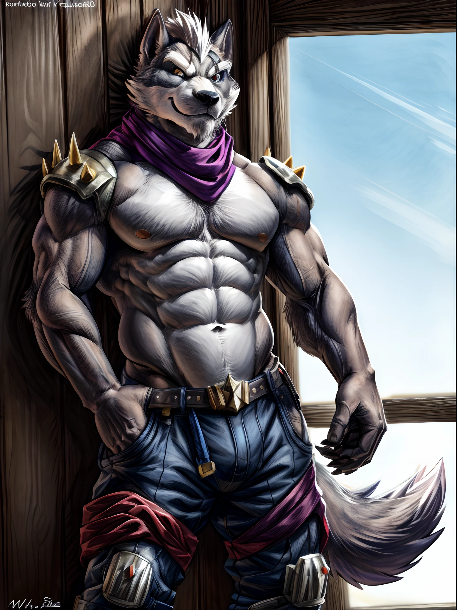 Wolf O'Donnell, posing for the camera, Presumir. 4k, High resolution, La mejor calidad, Publicado el E621, solamente, Anthropogenic body, masculino, adulto, Masculino, (muy musculoso, pecho fuerte, Abs, Pectorales, biceped:1.1), anatomy correct, (twilights, Nubes espaciales, galaxia, Estrellas:1.0), (por WFA:1.2), (por negger:1.0), (cel sombreado:1.2), sombreado caricaturesco, confiado, fuerte, (Cola de lobo:1.0), (pants, beltt:1.1), (medio cuerpo:1.2), (ojos detallados:1.1), guapo, pose fuerte, Looking at camera, Parche ocular, Pose de tipo duro, pose fuerte, purple scarf, Brazos cruzados