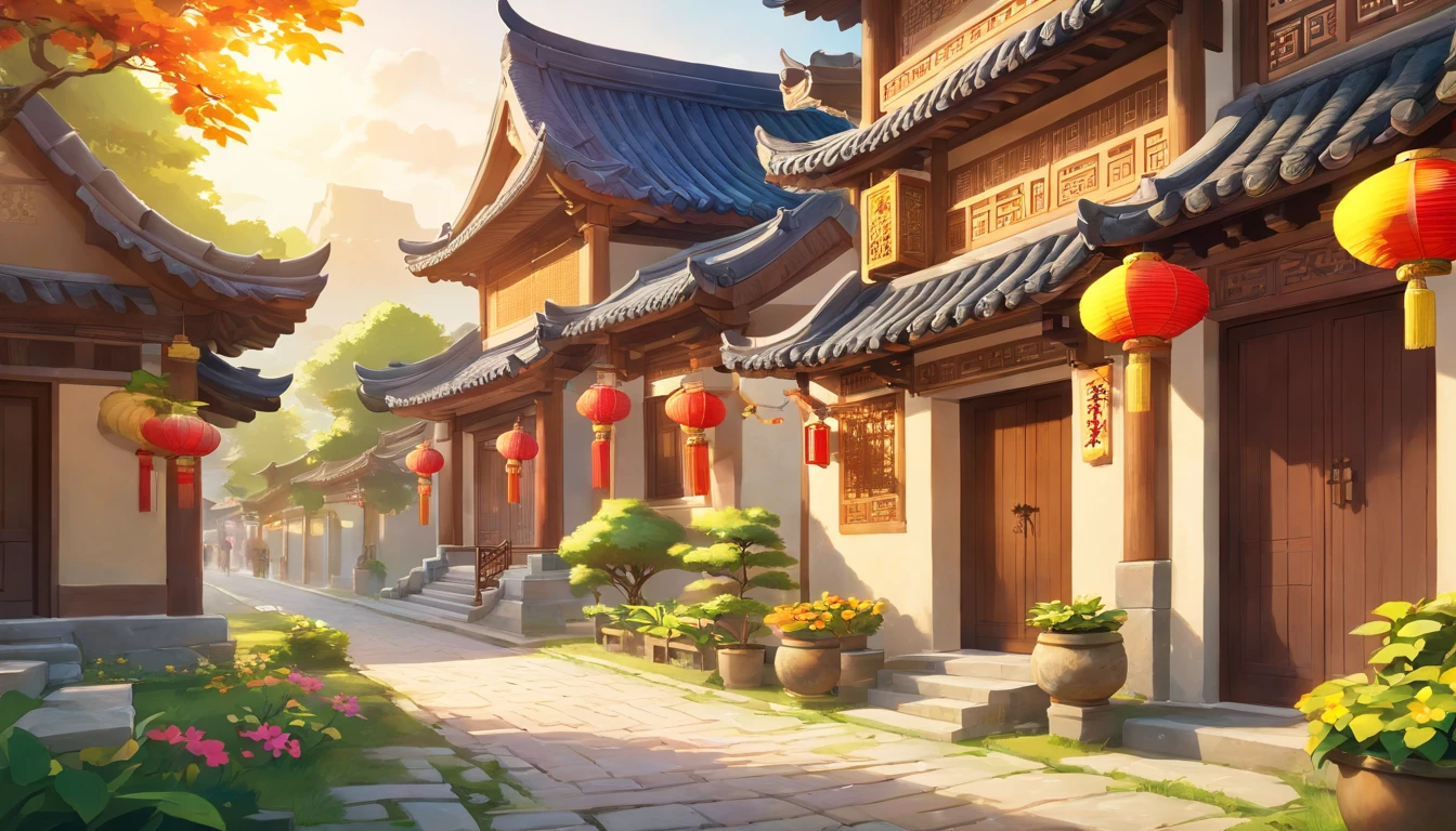(A street of the Han Dynasty, China)，Ancient architecture of the Han Dynasty, It is vividly depicted in the work (Best quality, 8K, Advanced resolution, Masterpiece: 1.2), With ultra-detailed detail (1.4x realism, Photorealistic: 1.37). This street is made up of bright colors，bathed in the warm glow of the sun, Create a cheerful and whimsical atmosphere. The house is designed with great attention to detail, With a complex design and unique architecture, 。 (This street is surrounded by lush greenery and colorful flowers), Elevate a captivating and magical environment。 The artwork showcases an illustrative style, Inspired by children's book illustrations, Ensures a glamorous and nostalgic touch. The color palette consists of bright rainbow colors, Seven colors，Evoke feelings of joy and playfulness. Lighting accentuates the picturesque scene, Soft and warm shadows are created，Adds depth and warmth to the artwork. Every detail is impeccablely presented, creating a visually stunning masterpiece，Capture the essence of a small town from the Han Dynasty of China.