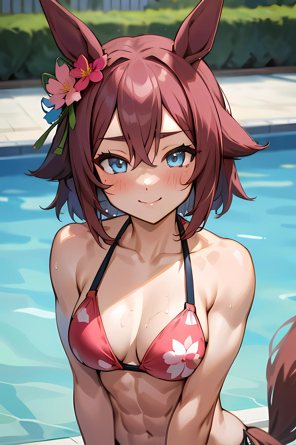 Sakura Chiyono O \(umamusume\), ((ultra-detailed face)), (bikini), masterpiece, best quality, (abs), muscular girl, horse tail,smile, pool, upper body, frontage, medium breasts