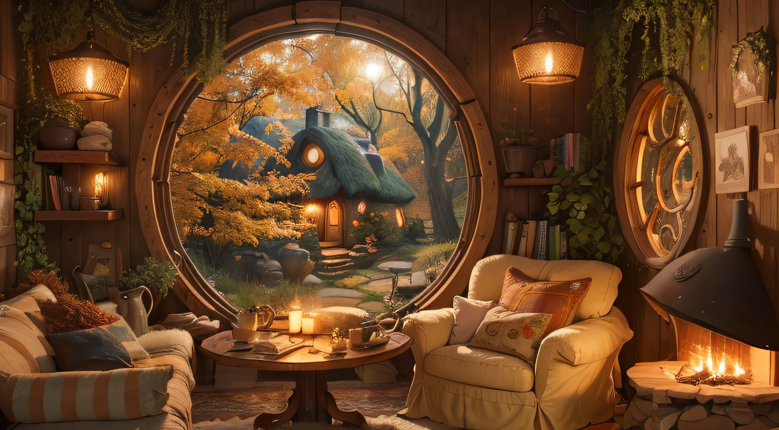a cozy hobbit house at night in autumn, raining outside, cozy autumn cloudy, interior with rounded fireplace, with rounded windows, theres a cozy bookshelf full of books, a cozy coffee can and a coffee cup, a pile of firewood