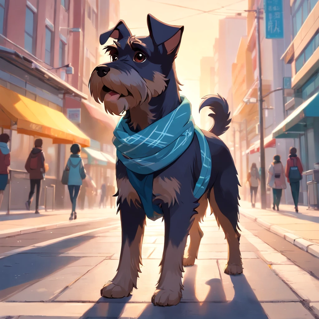 master part, um schnauzer, estilo matricial, casaco Preto, passeando no parque, walking on the sidewalk with a scarf on his head, sun glasses, Dynamic angle, melhor qualidade, 4k,