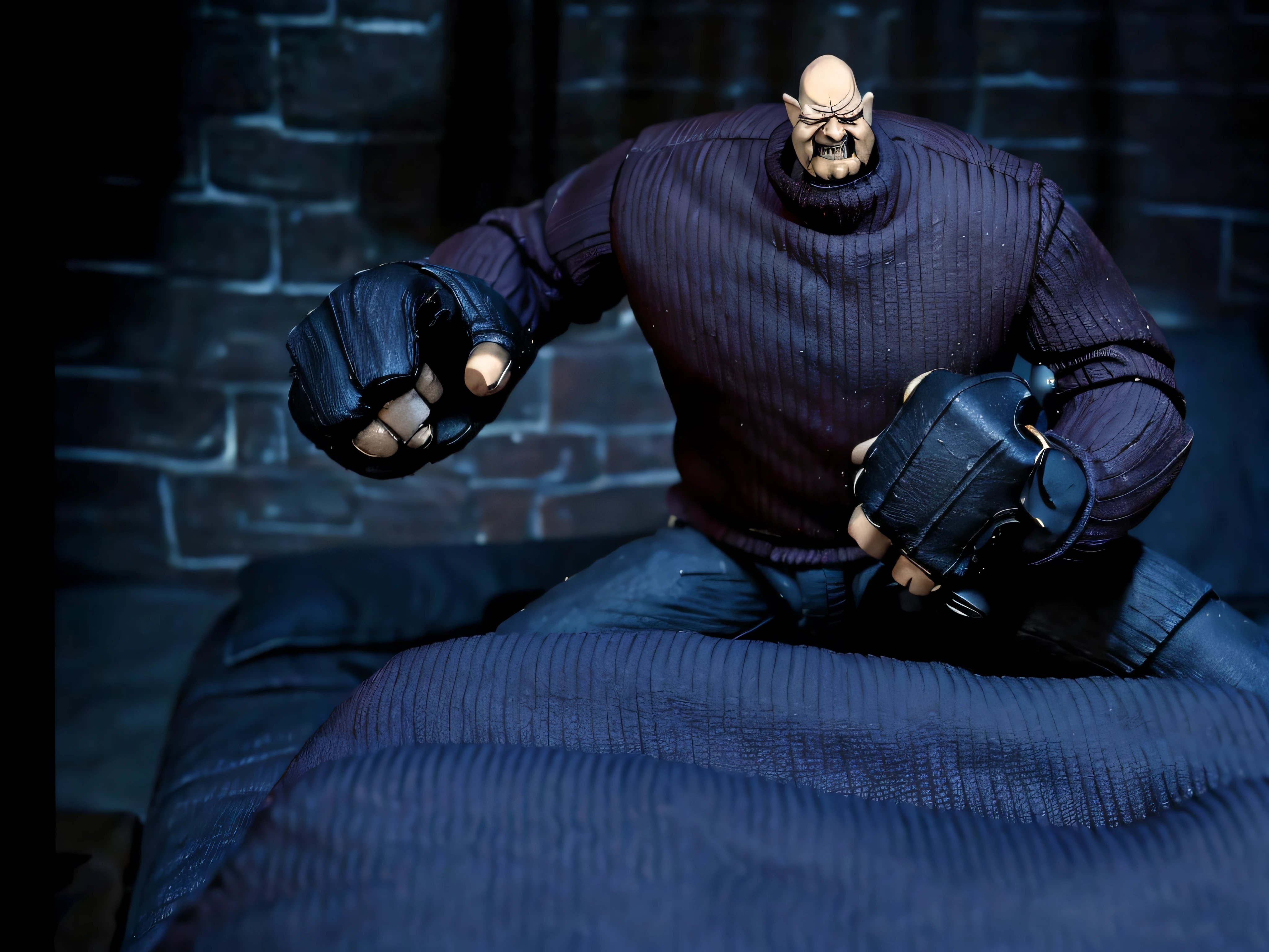 (1' 7" tall)action figure pinhead ((sitting on top)) childs bed, dark child's bedroom at night, background dark bedroom:1.5, movie prop from film puppet master 2, puppet master film character, Depict pinhead in a haunting and menacing pose, evoking its sinister nature and its unsettling ability to strike fear into the hearts of those who encounter it, massive hands smashing down on bed, The character's facial expression should exude a malevolent gaze and a twisted, almost sadistic smile, reflecting its ominous persona, huge arms, ((colossal hands:1.4)), ((tiny:1.3)) disproportionate head, background dark bedroom:1.5,