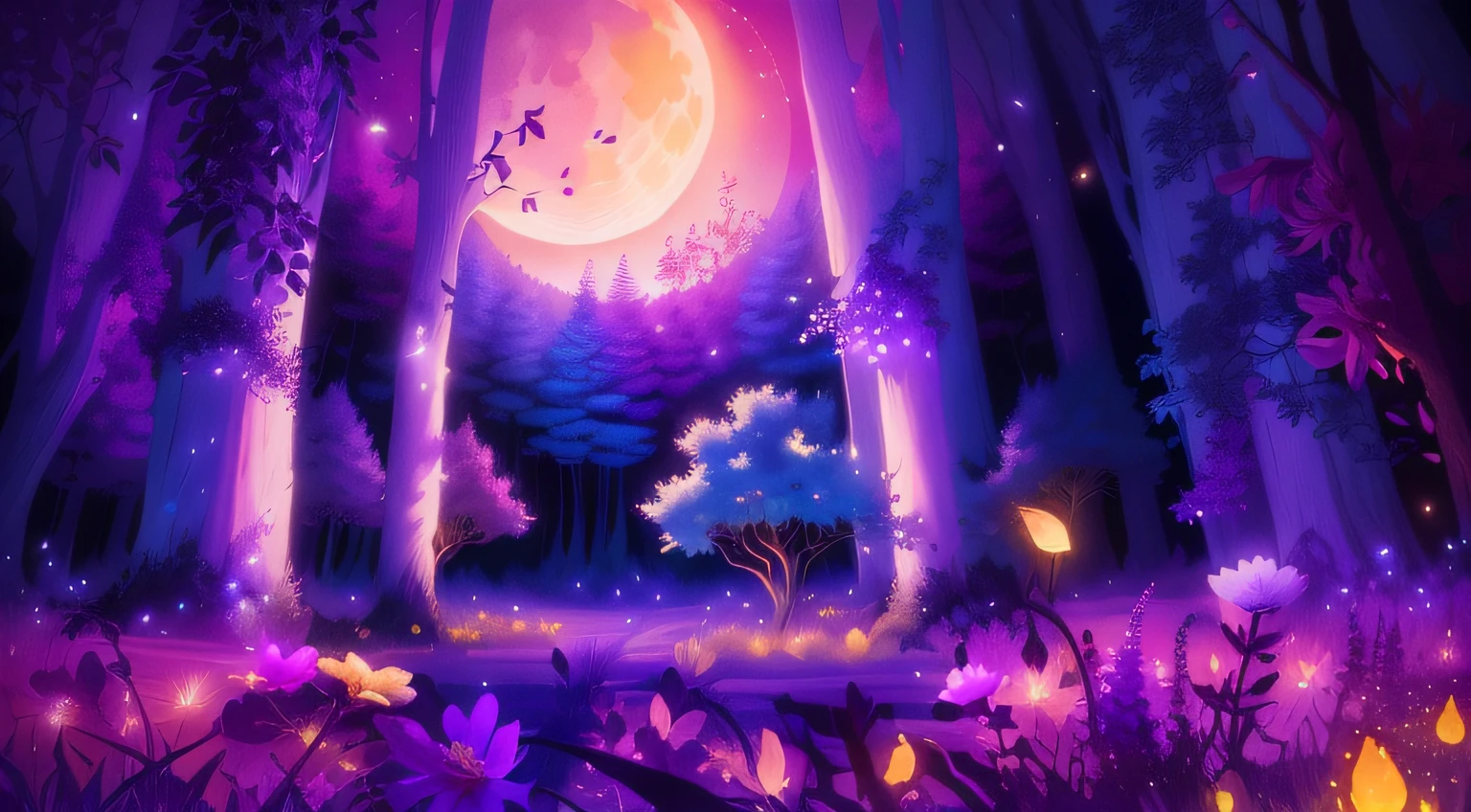 There is a forest painting with a moon and flowers, calm evening. Digital illustration, background artwork, magical forest with fireflies, dreamlike illustration, cozy night fireflies, whimsical fantasy landscape art, fireflies and sparkling wisps, magical forest backround, firefly forest at night, arte de fundo, A beautiful artwork illustration, moonlit night dreamy atmosphere,watercolor paiting,Light pinkish-purple,lavender,There is the shadow of a nine-tailed fox