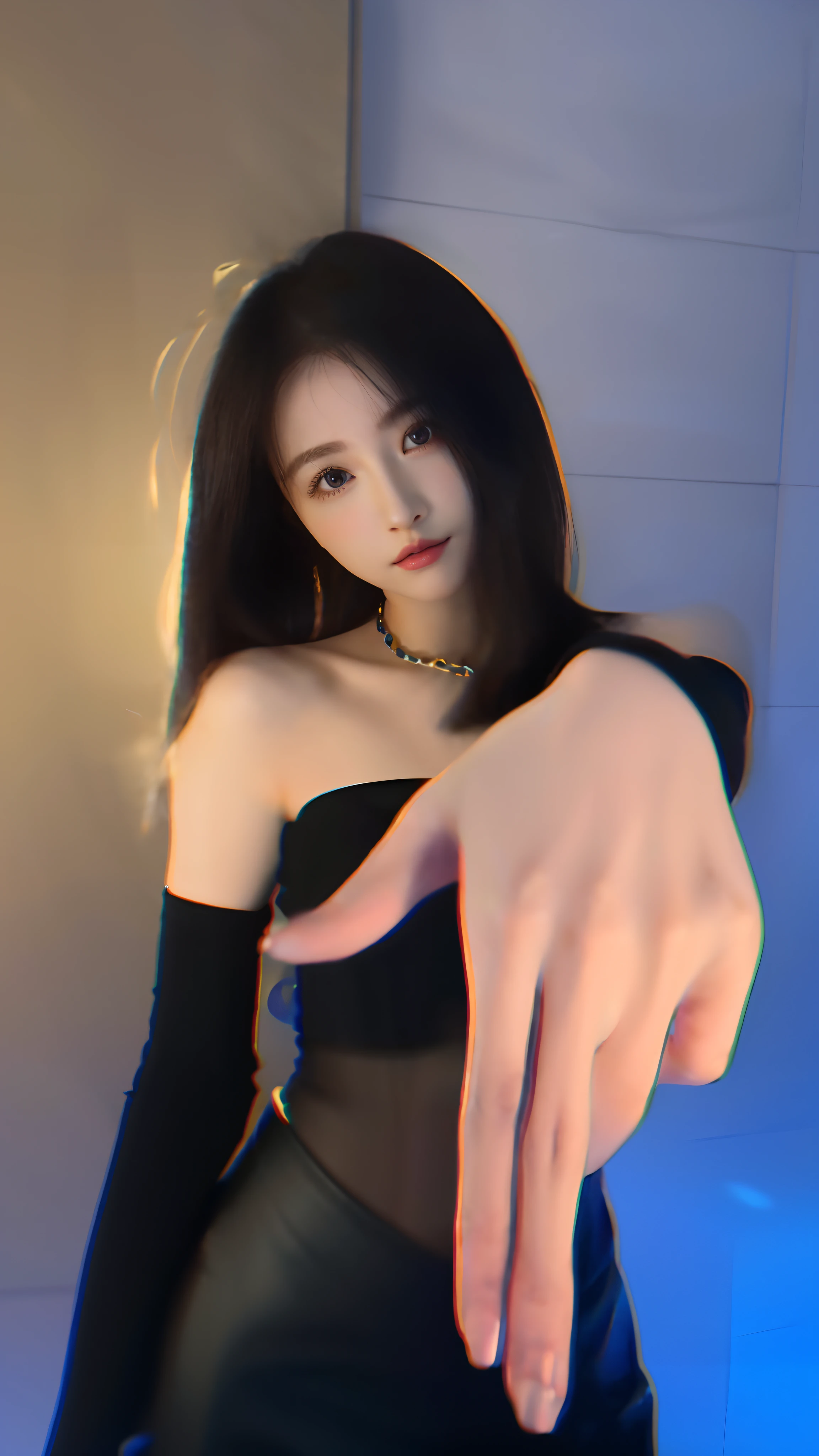 there is a woman in a black dress posing for a picture, with index finger, hands behind her pose!, distorted pose, She is facing the camera, Attractive pose, jisoo from blackpink, full-body xianxia, hands behind her body pose!, 8K Artgerm bokeh, jisoo of blackpink, wave a hand at the camera, shaxi, With fingers