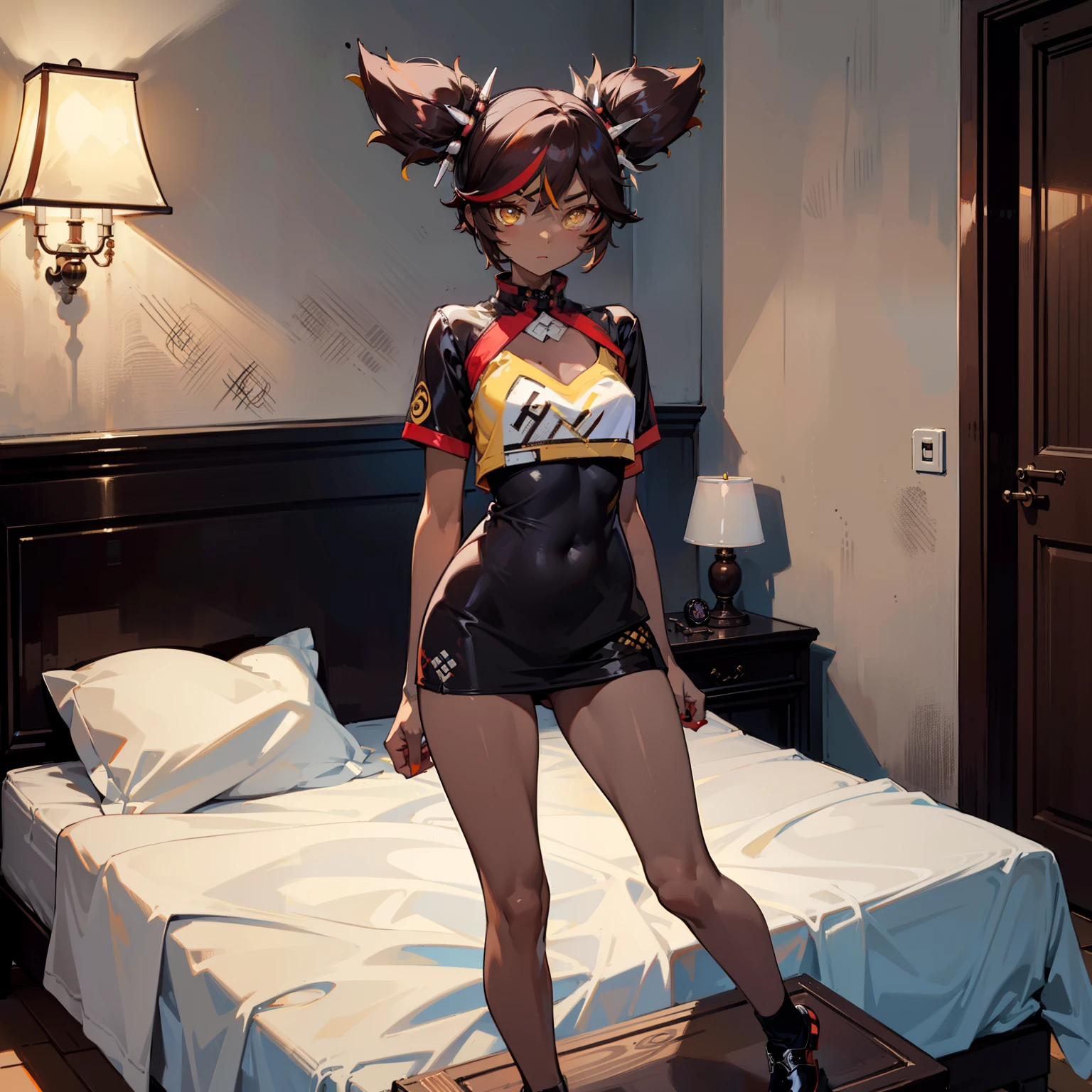 (Materpiece, complete body, best quality, good anatomy) 1 girl, solo, xinyan, tanned skin, brown hair, yellow eyes, happy, red shirt, black legrears, platform pump shoes, waiting for you, bed, bedroom, night.