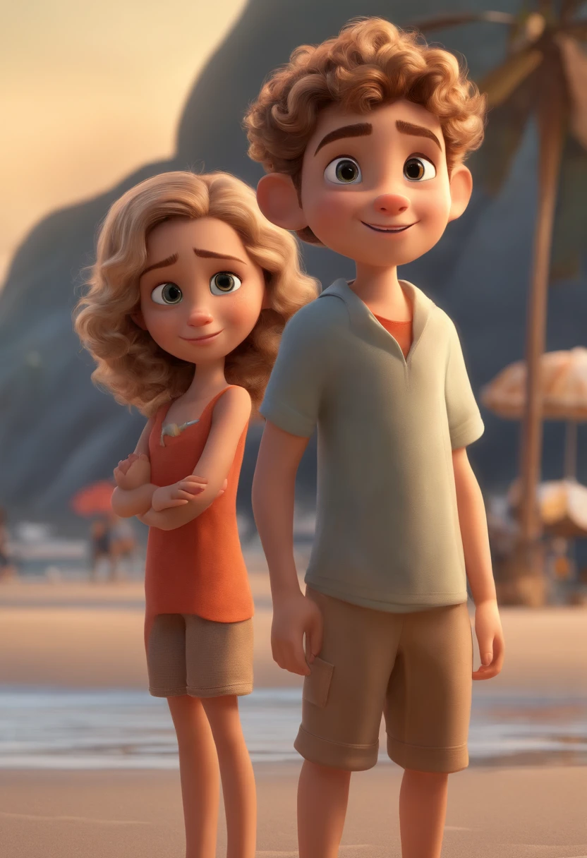 7 year boy with curly brown hair and 7 year girl with curly blonde hair. The boy and girl are on the beach, teve boy and girl sad face, because the beach was dirty with trash, plastic bottles, ice cream sticks, anthro, very cute  film character, disney pixar zootopia character concept artwork, 3d concept, detailed fur, high detail iconic character for upcoming film, trending on artstation, character design, 3d artistic render, highly detailed, octane, blender, cartoon, shadows, lighting